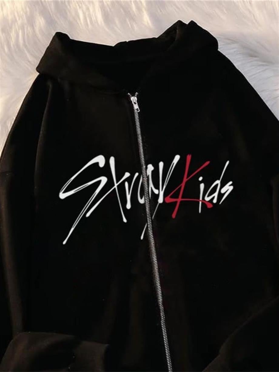 Stray Kids Baskılı Oversize Fermuarlı Siyah Unisex Kapüşonlu Hırka