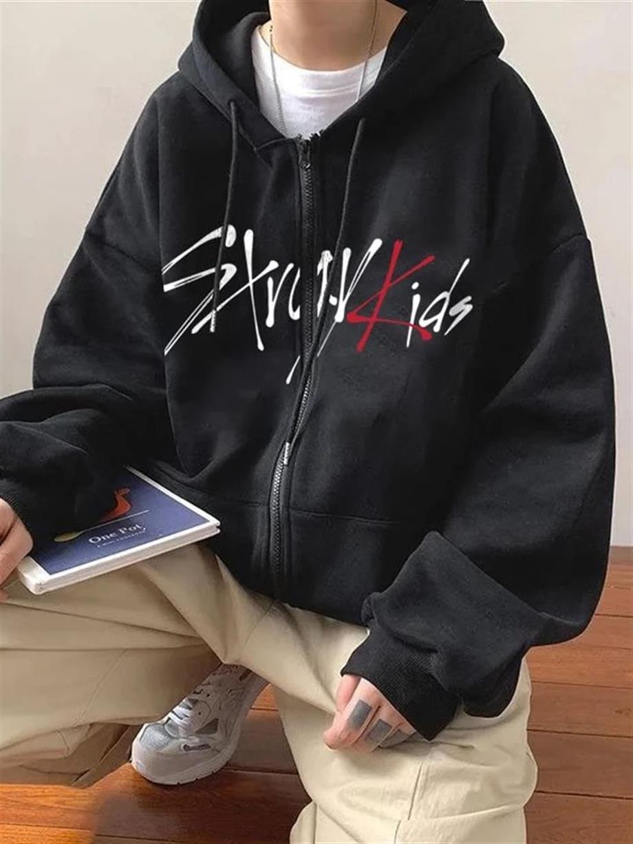 Stray Kids Baskılı Oversize Fermuarlı Siyah Unisex Kapüşonlu Hırka