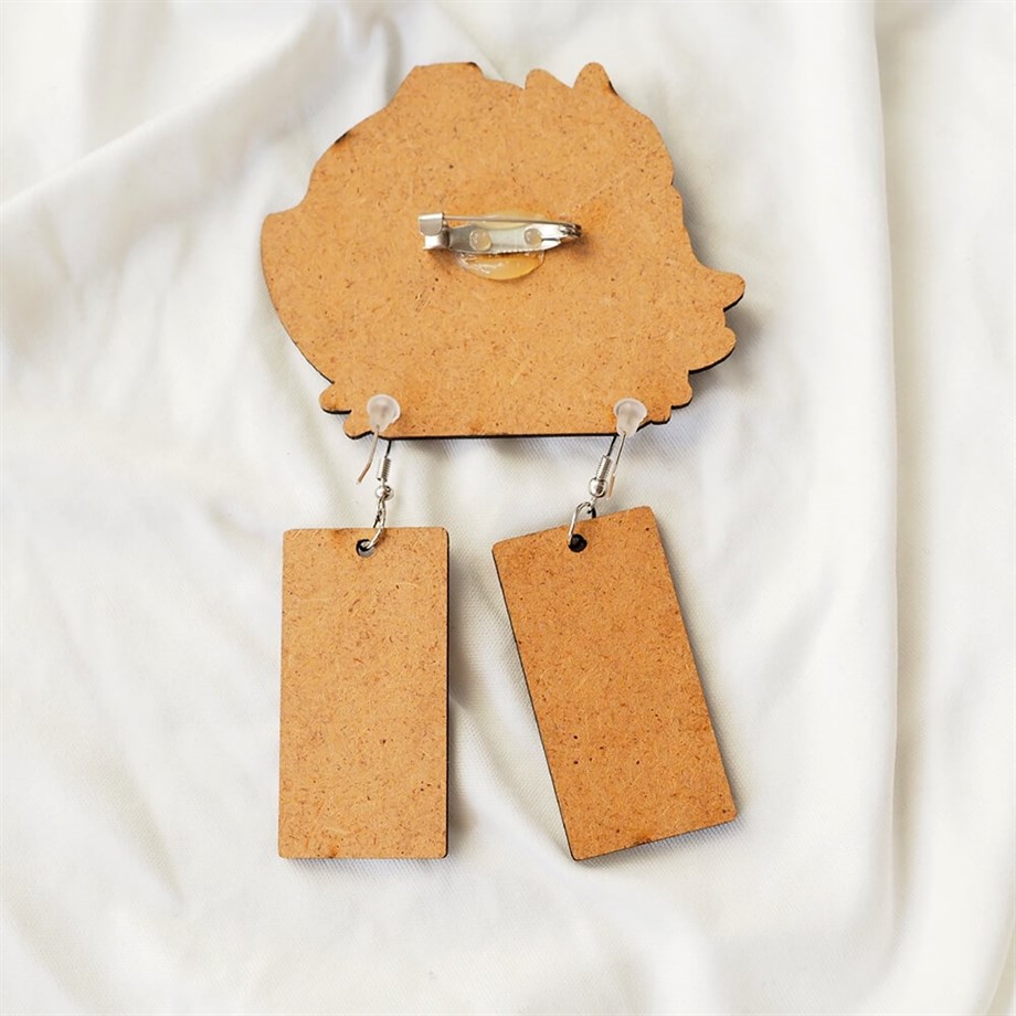 Tanjiro Ahşap Rozet ve Küpe Seti