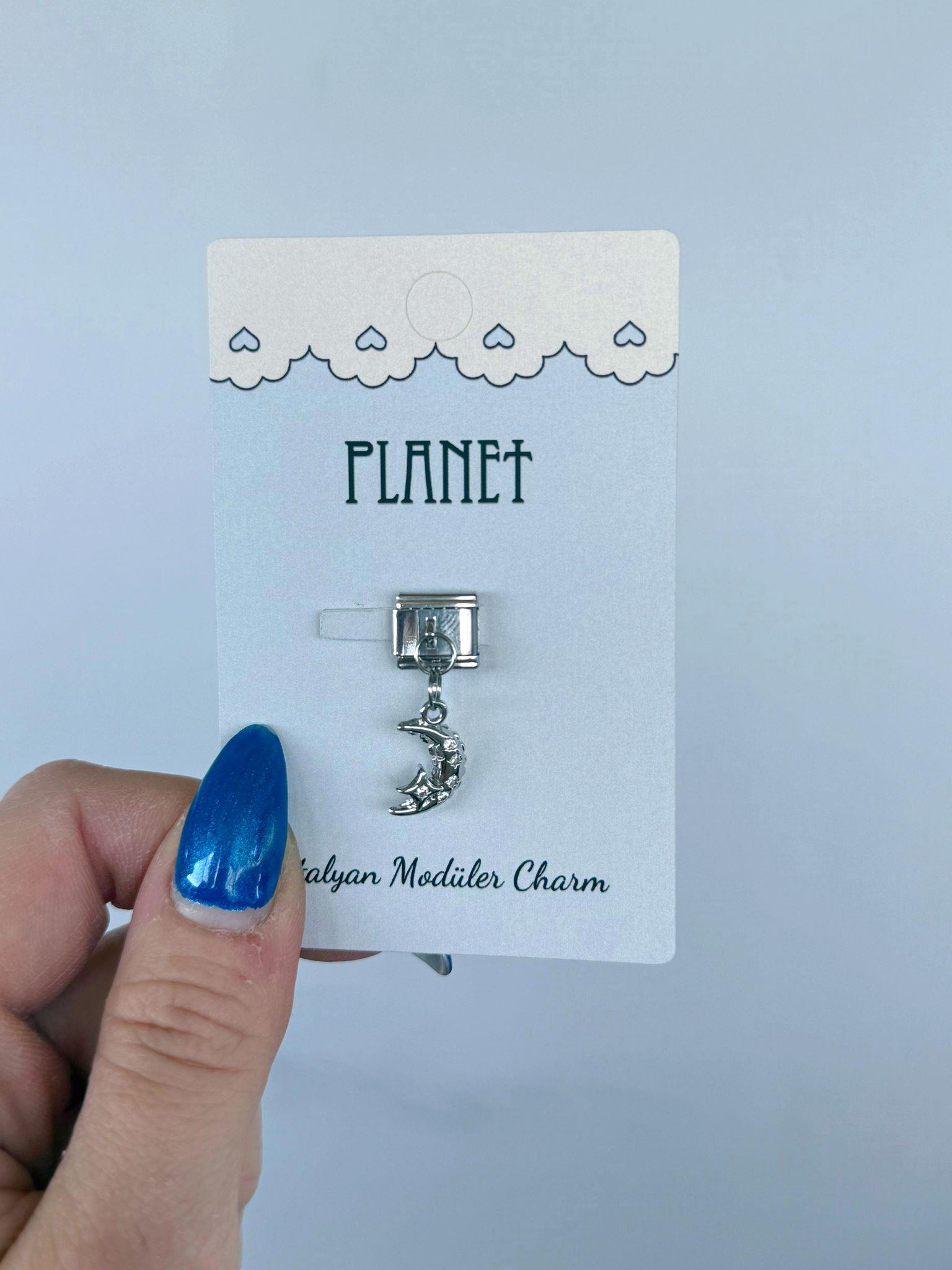 Taşlı Detaylı Hilal Sallantılı Kartlı İtalyan Charm