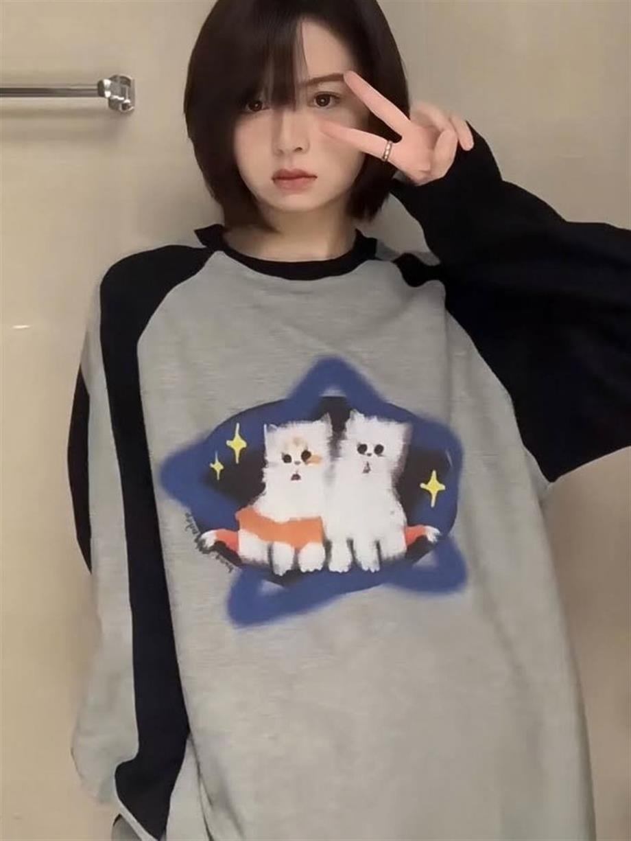 Twin Kitten Star Şerit Kollu Unisex Sweatshirt
