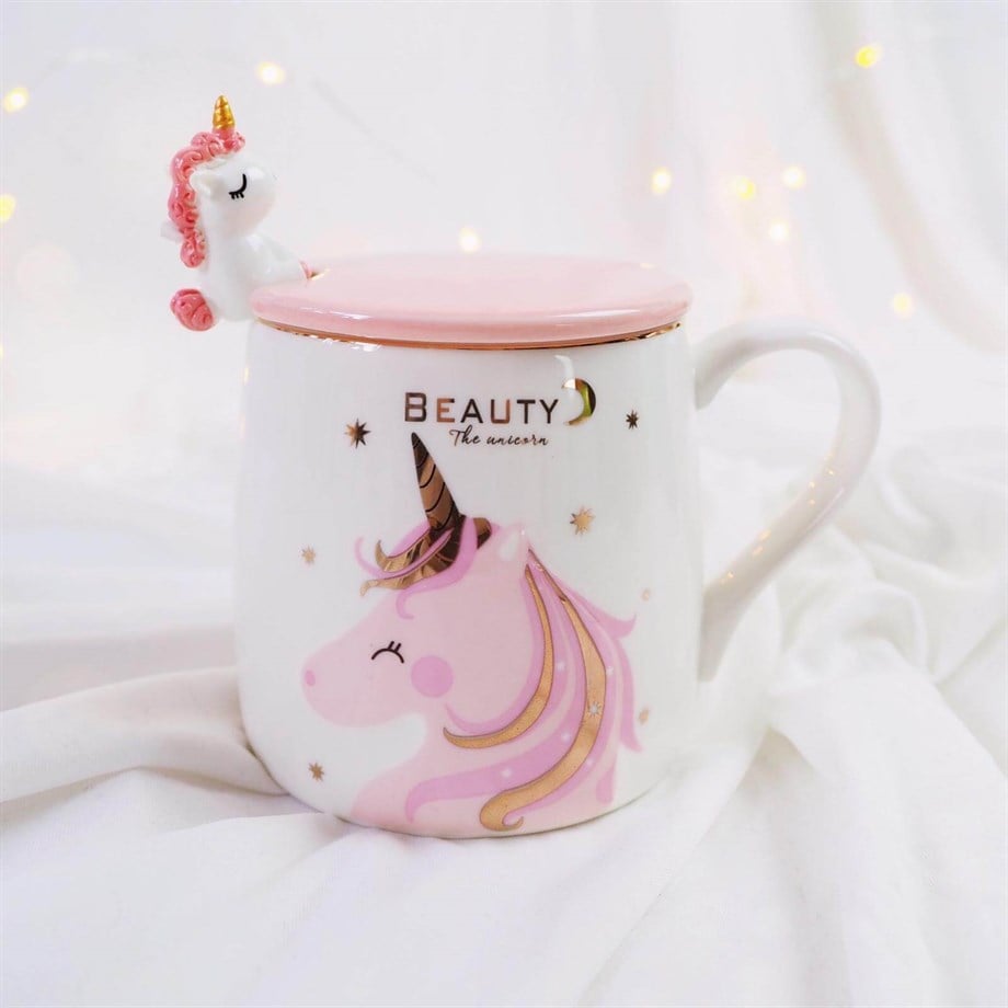 Unicorn Tasarımlı Kaşıklı Kapaklı Kupa Bardak