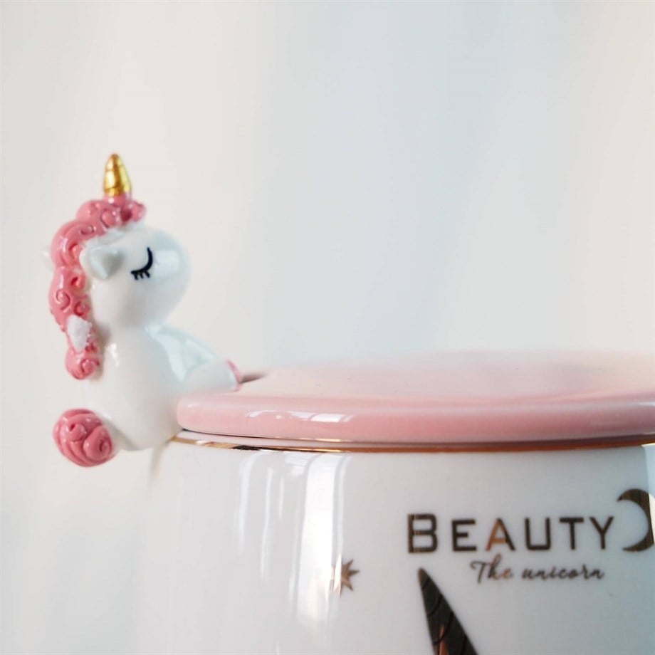 Unicorn Tasarımlı Kaşıklı Kapaklı Kupa Bardak