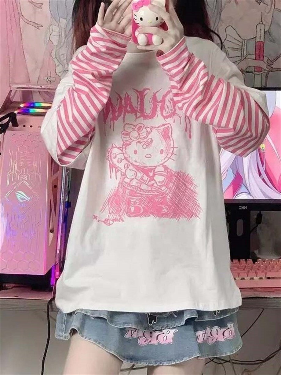 Veteran Hello Kitty Beyaz Unisex Pembe Çizgili Kollu T-Shirt