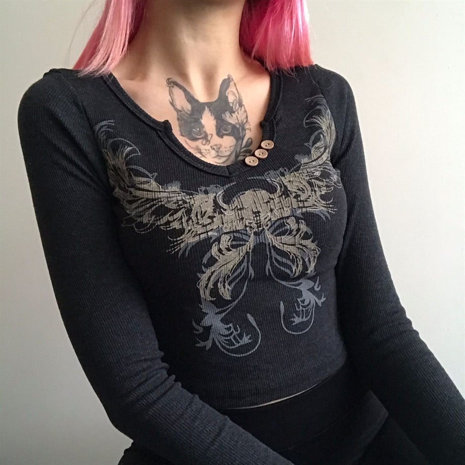 Y2K Düğme Yaka Detaylı Fairycore Füme Bluz