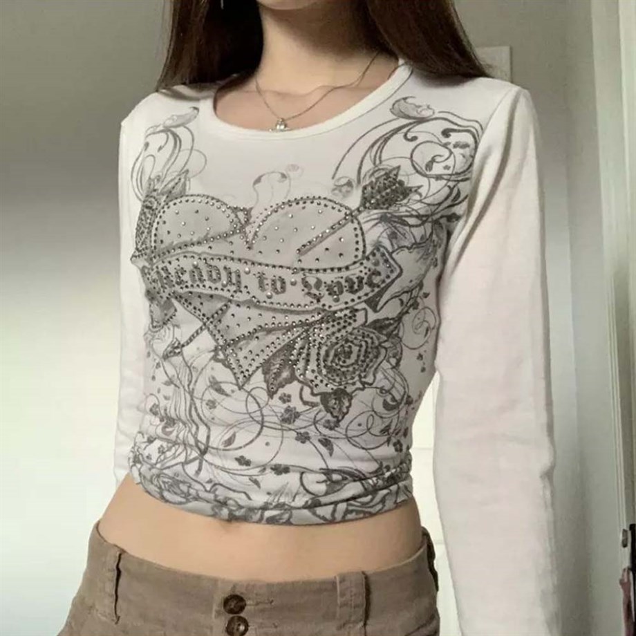 Y2k Gothic Heart Beyaz Uzun Kollu Bluz