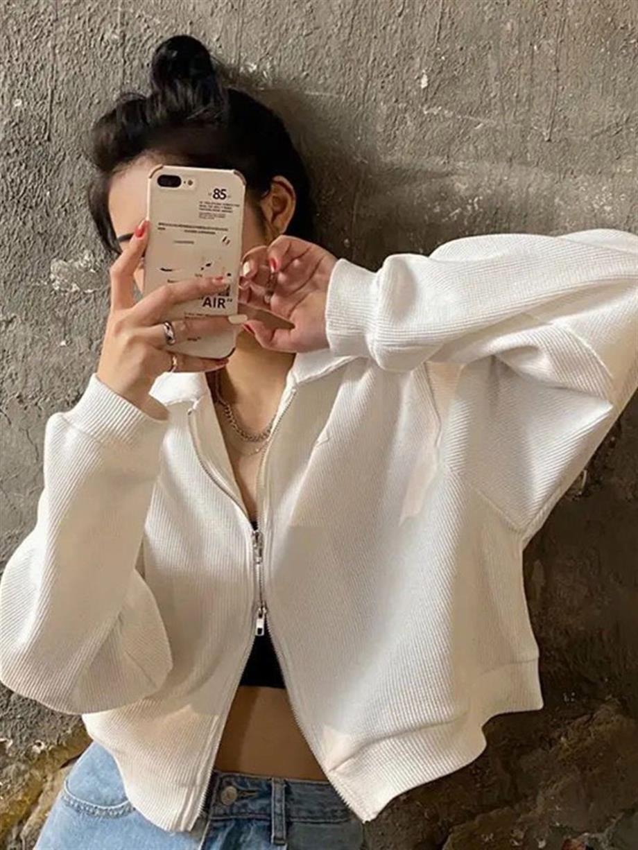 Yakalı Ekru Basic Fermuarlı Crop Hırka