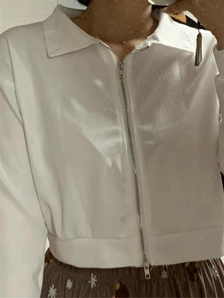 Yakalı Ekru Basic Fermuarlı Crop Hırka