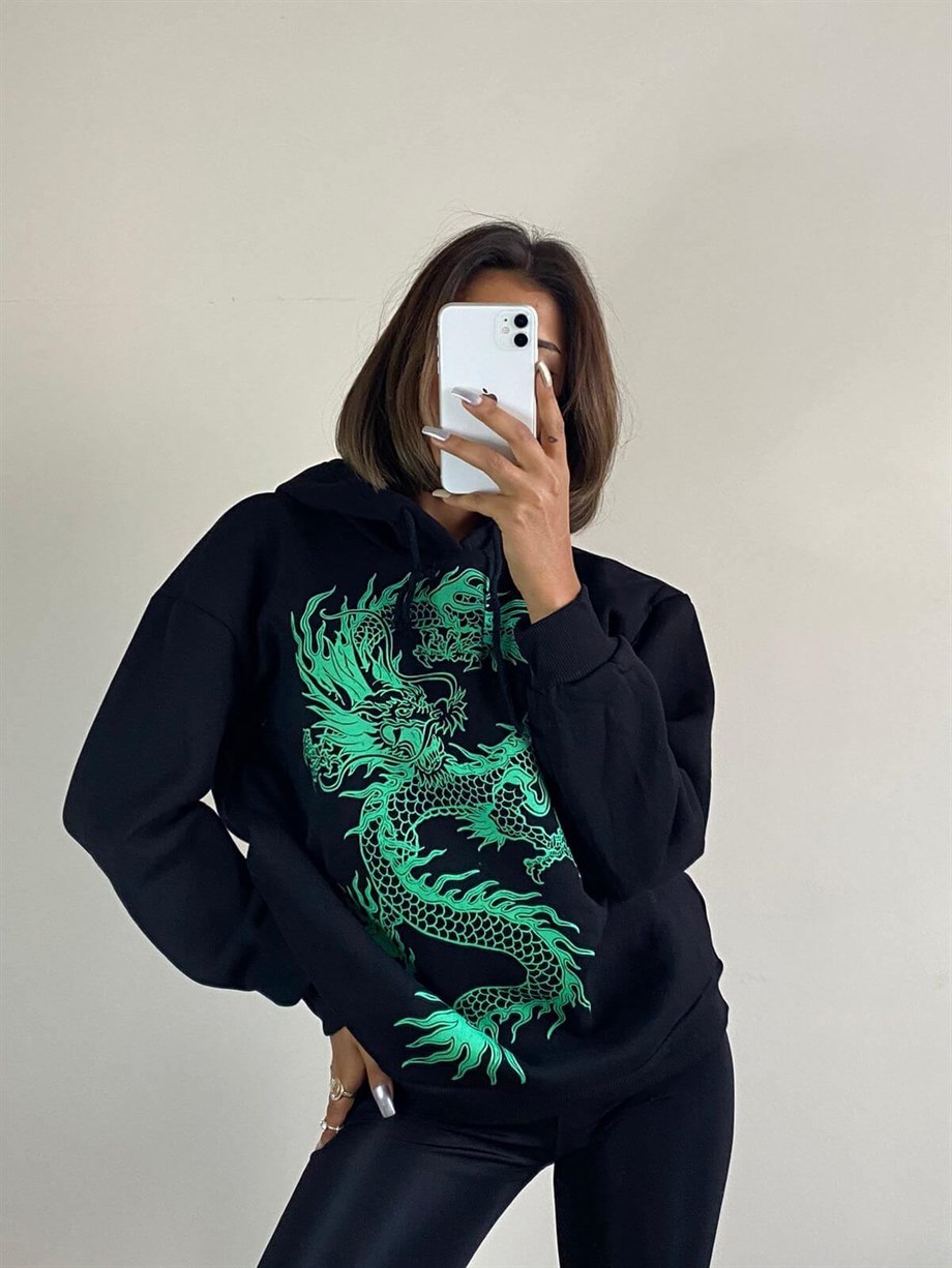 Yeşil Dragon Kapşonlu Sweatshirt Unisex