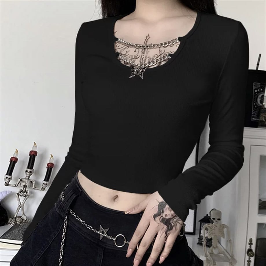 Zincir Yakalı Siyah Uzun Kollu Crop