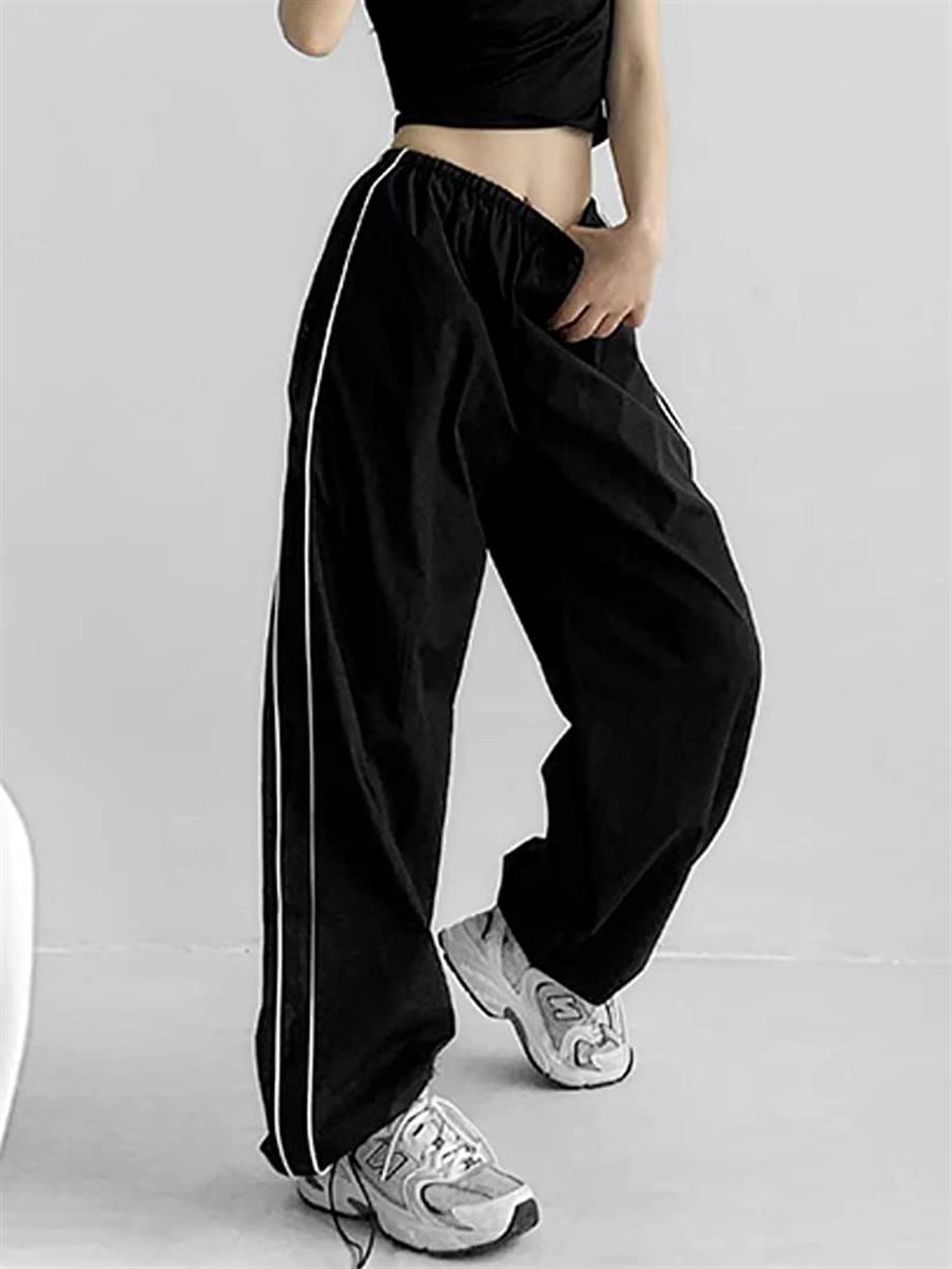 Zip Detail Black Baggy Oversize Şeritli Eşofman