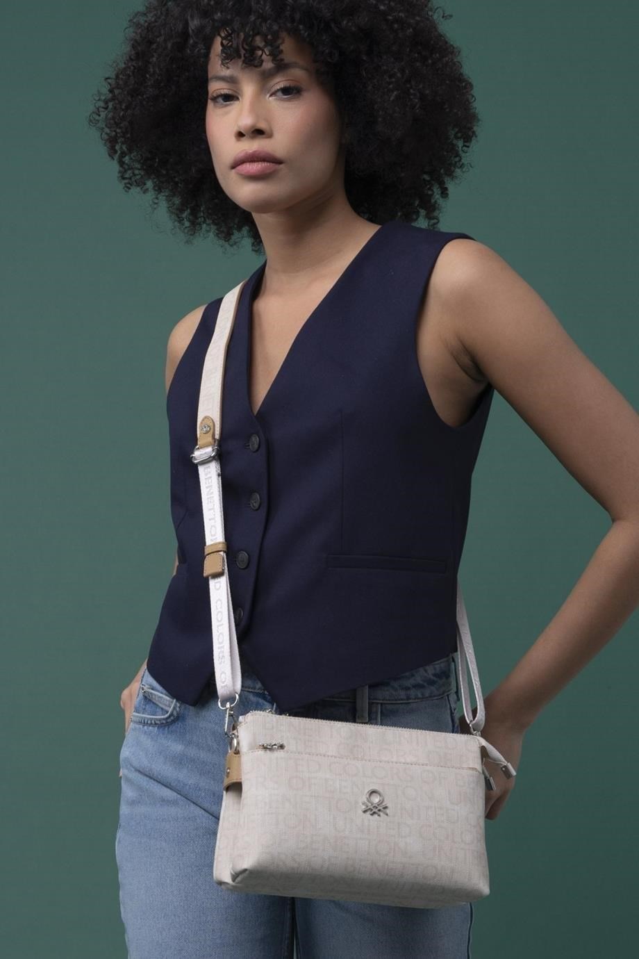 Benetton 1295 Bej A.Camel Baskılı Çarpraz Bayan Çanta