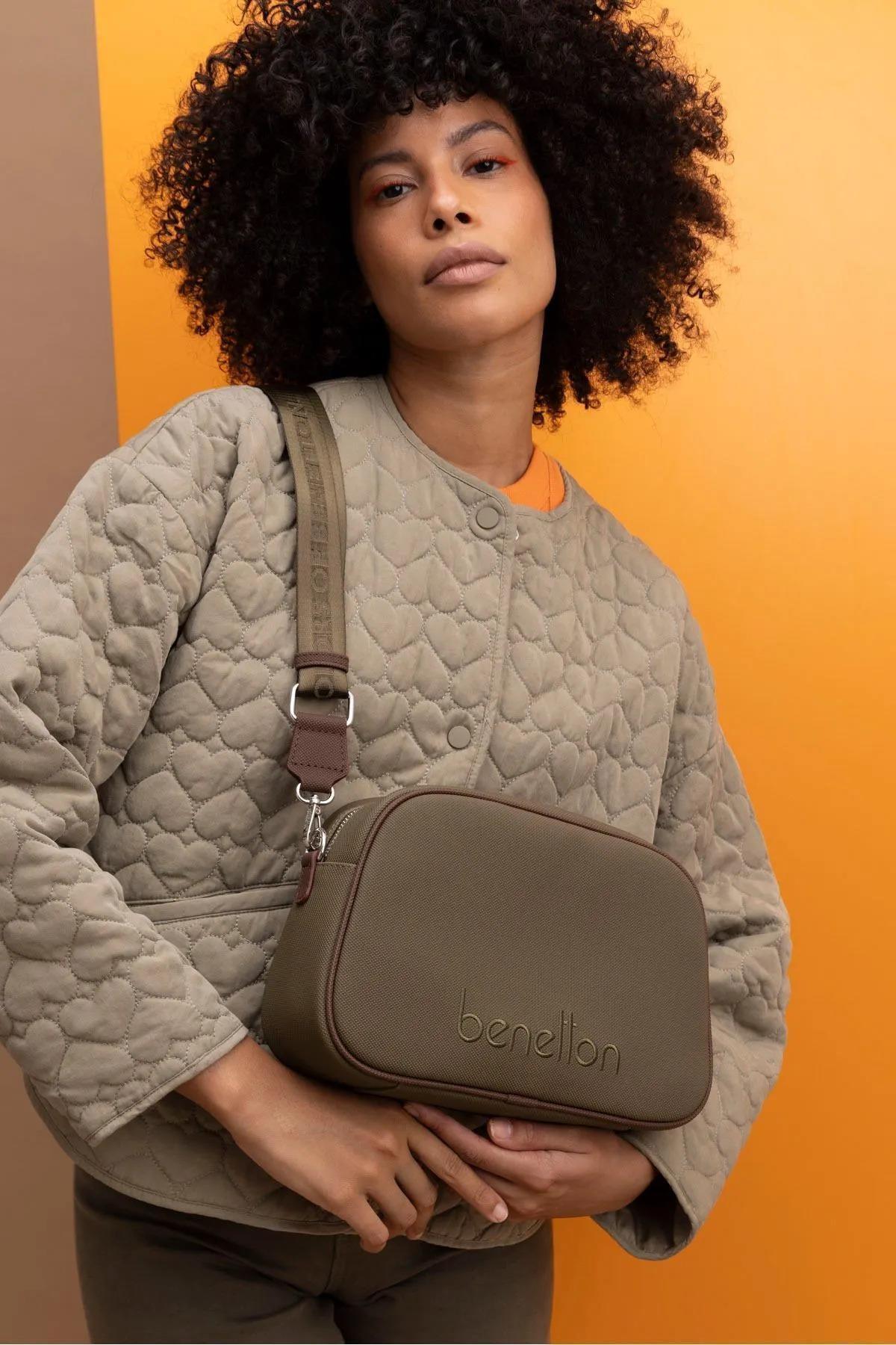 Benetton 1435 Haki Kahve Baskılı Çarpraz Bayan Çanta