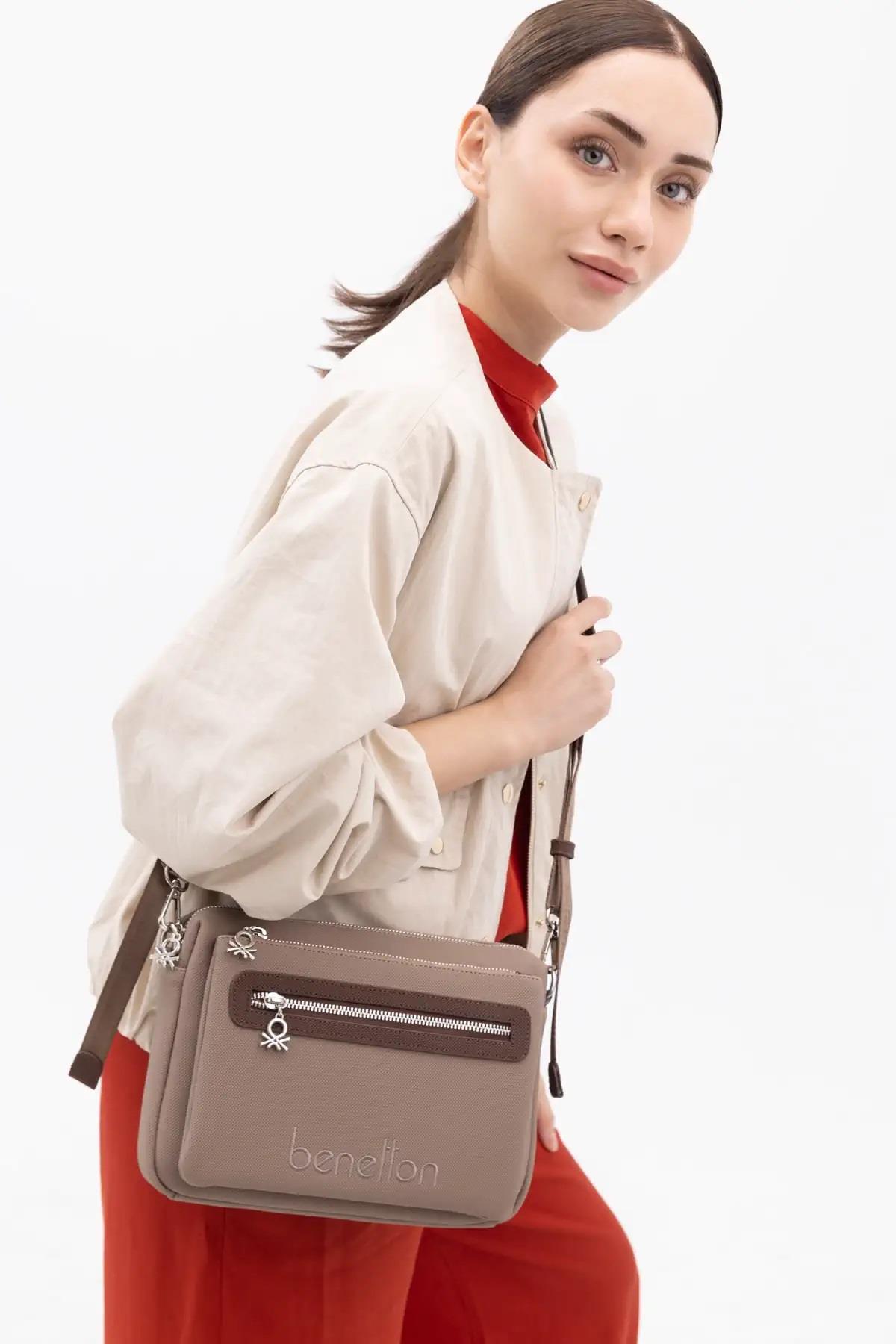 Benetton 1437 Vizon Kahve Baskılı Çarpraz Bayan Çanta