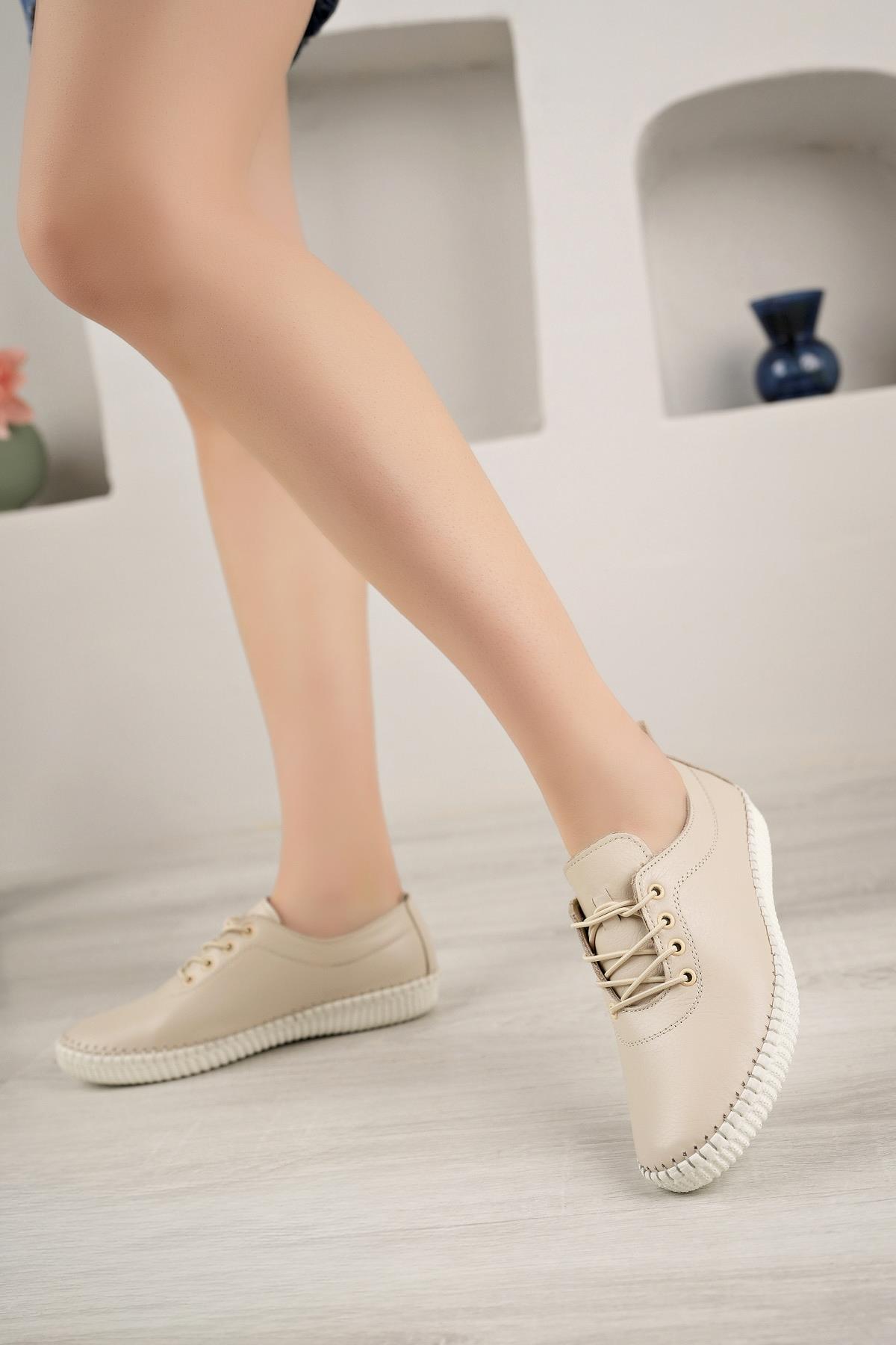 Bordolli 004 Bej Hakiki Deri Dikişli Kadın Ayakkabı