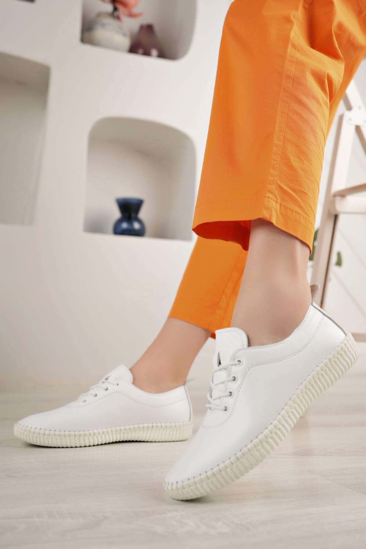 Bordolli 004 Beyaz Hakiki Deri Dikişli Kadın Ayakkabı