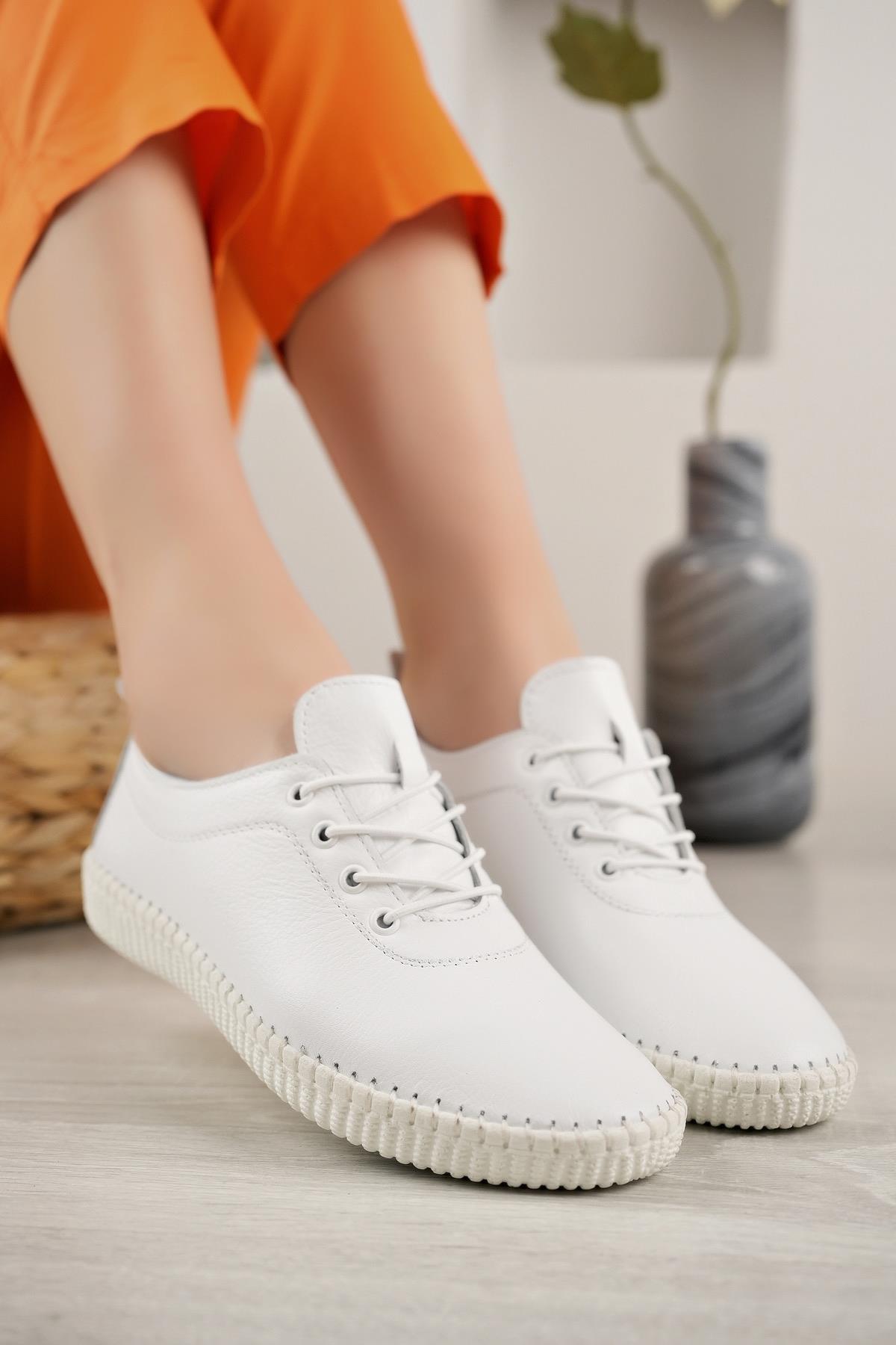 Bordolli 004 Beyaz Hakiki Deri Dikişli Kadın Ayakkabı