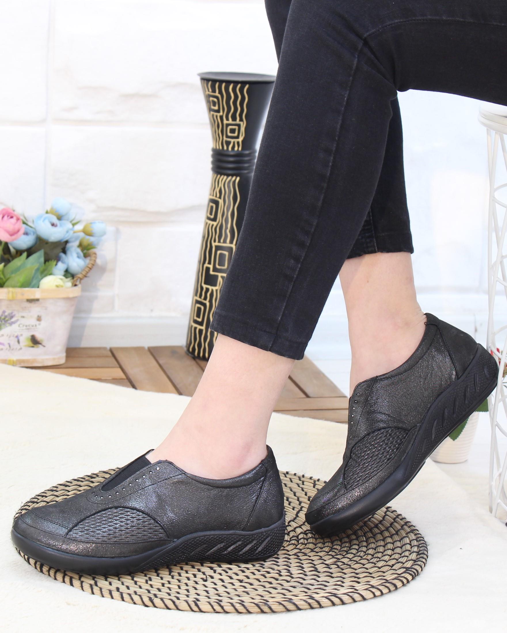 Capella 304 Çelik Siyah Hakiki Deri Günlük Kadın Yürüyüş Ayakkabı