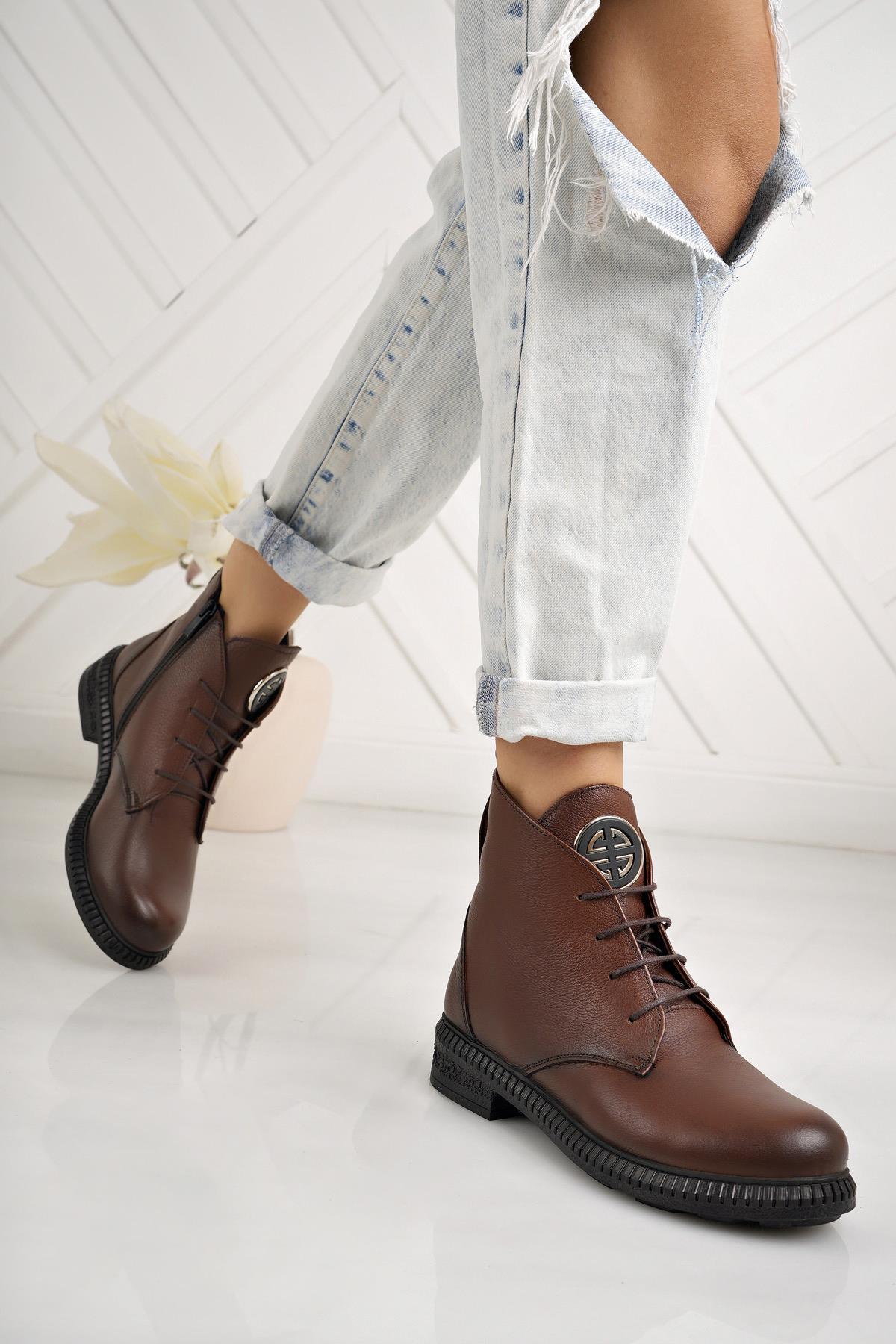 Castle Black 20915-1 Taba Hakiki Deri Fermuarlı Kadın Bot