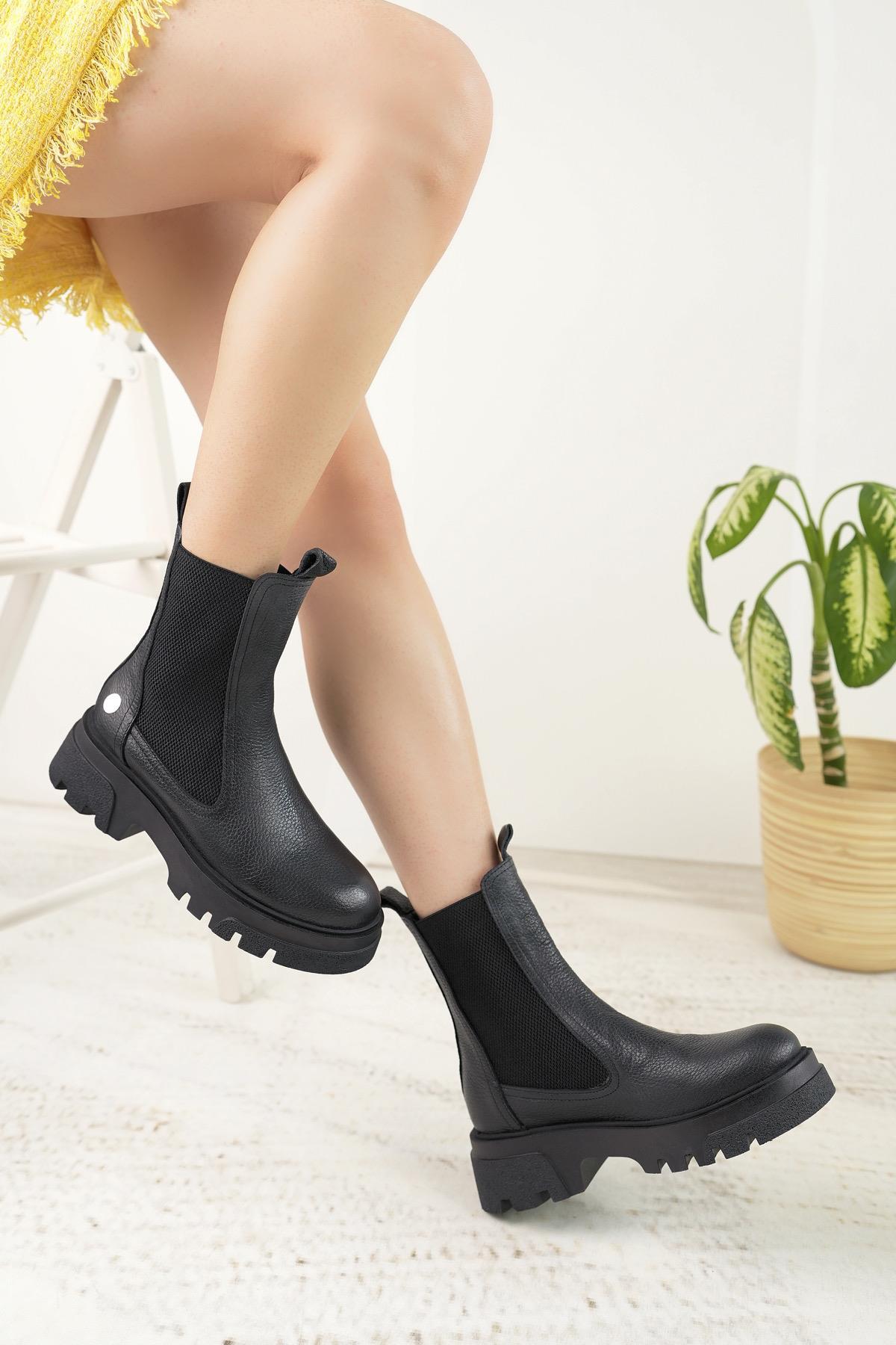 Mammamia D23KB 1500 Siyah Hakiki Deri Çift Lastikli Kadın Bot