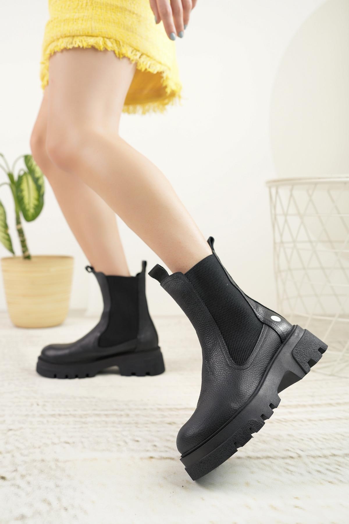 Mammamia D23KB 1500 Siyah Hakiki Deri Çift Lastikli Kadın Bot