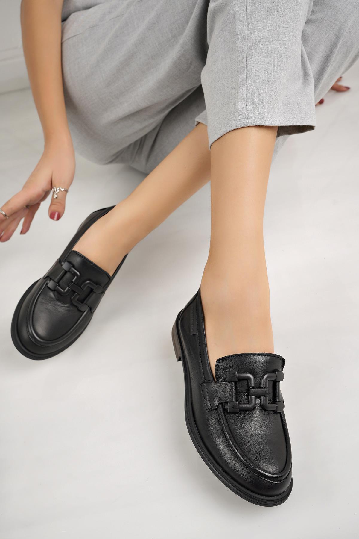 Mammamia D24KA 3420 Siyah Hakiki Deri Maskulen Kadın Ayakkabı