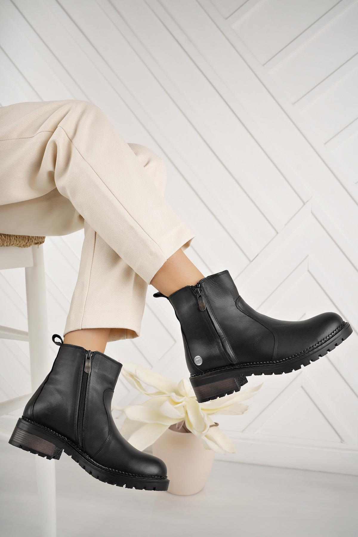 Mammamia D24KB 1775 Siyah Hakiki Deri Fermuarlı Kadın Bot