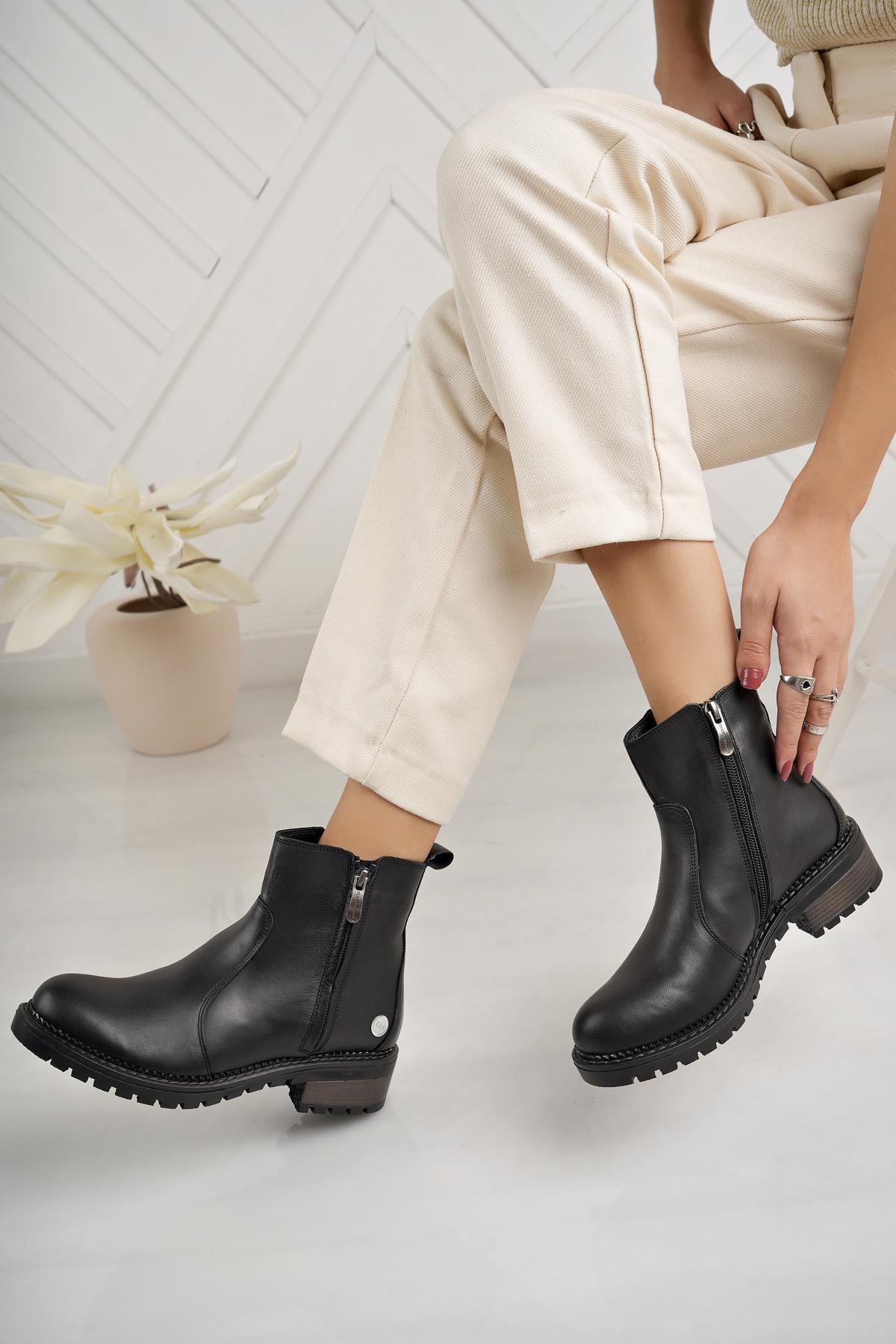 Mammamia D24KB 1775 Siyah Hakiki Deri Fermuarlı Kadın Bot
