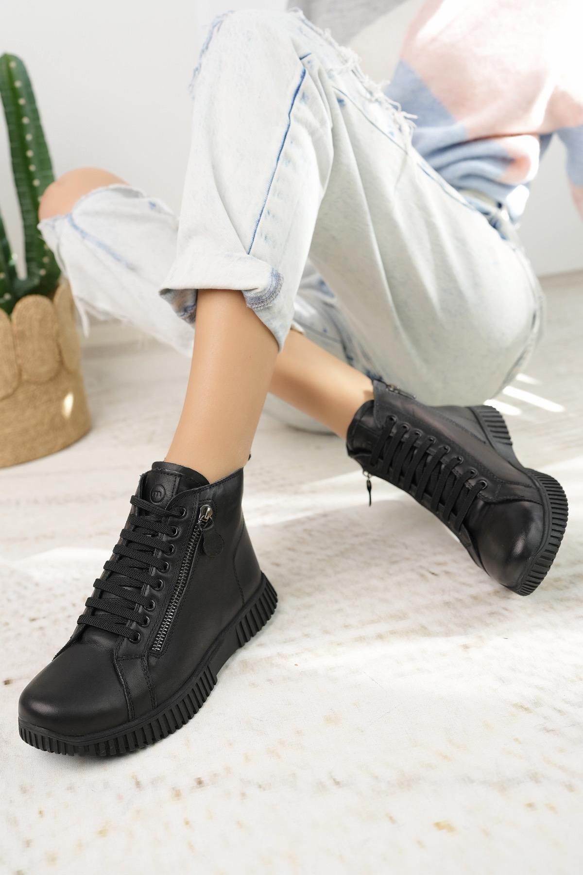 Mammamia D24KB 4065 Siyah Hakiki Deri Kadın Bot