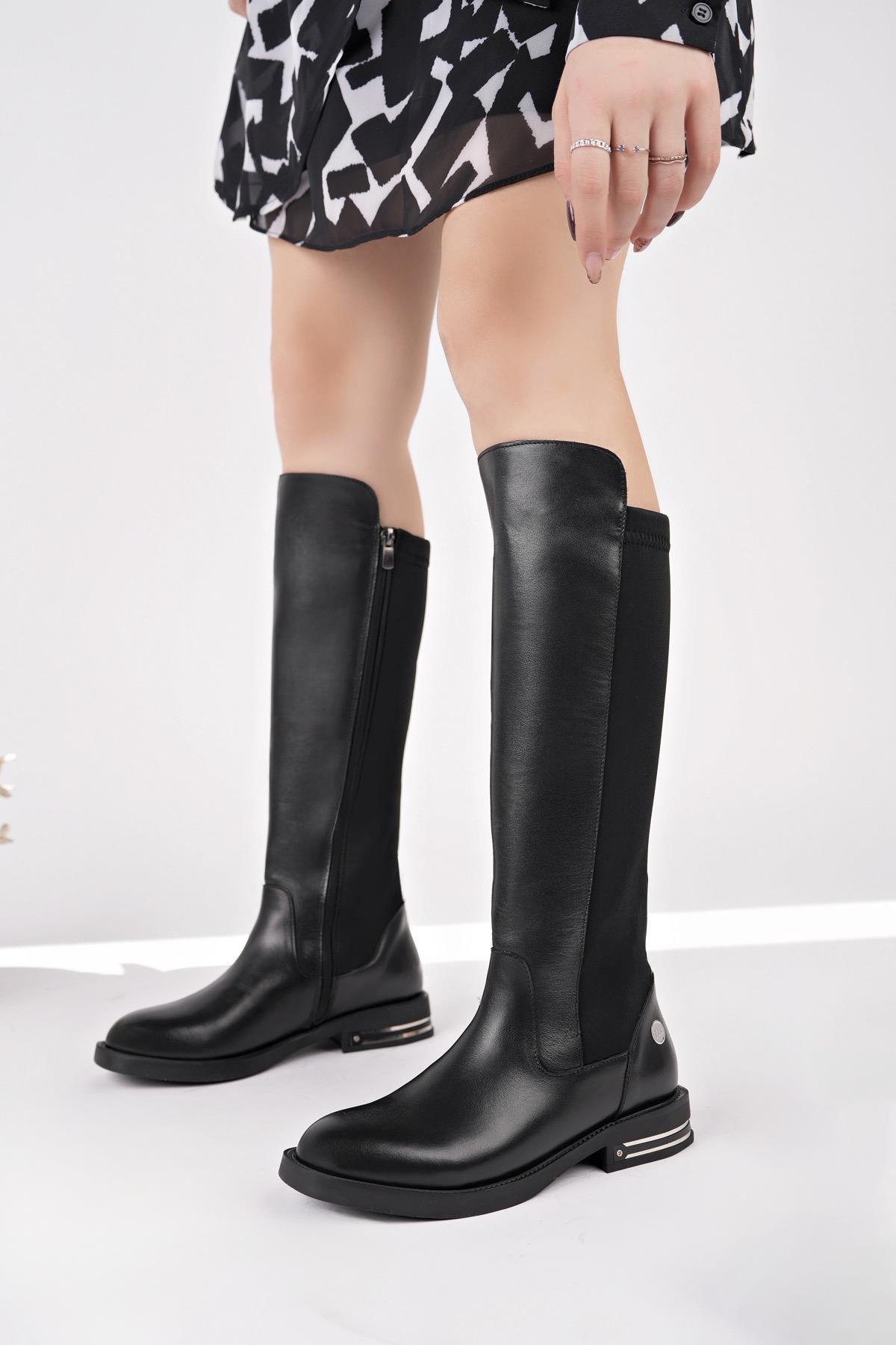 Mammamia D25KC 2365 Siyah Hakiki Deri Strech Kadın Çizme