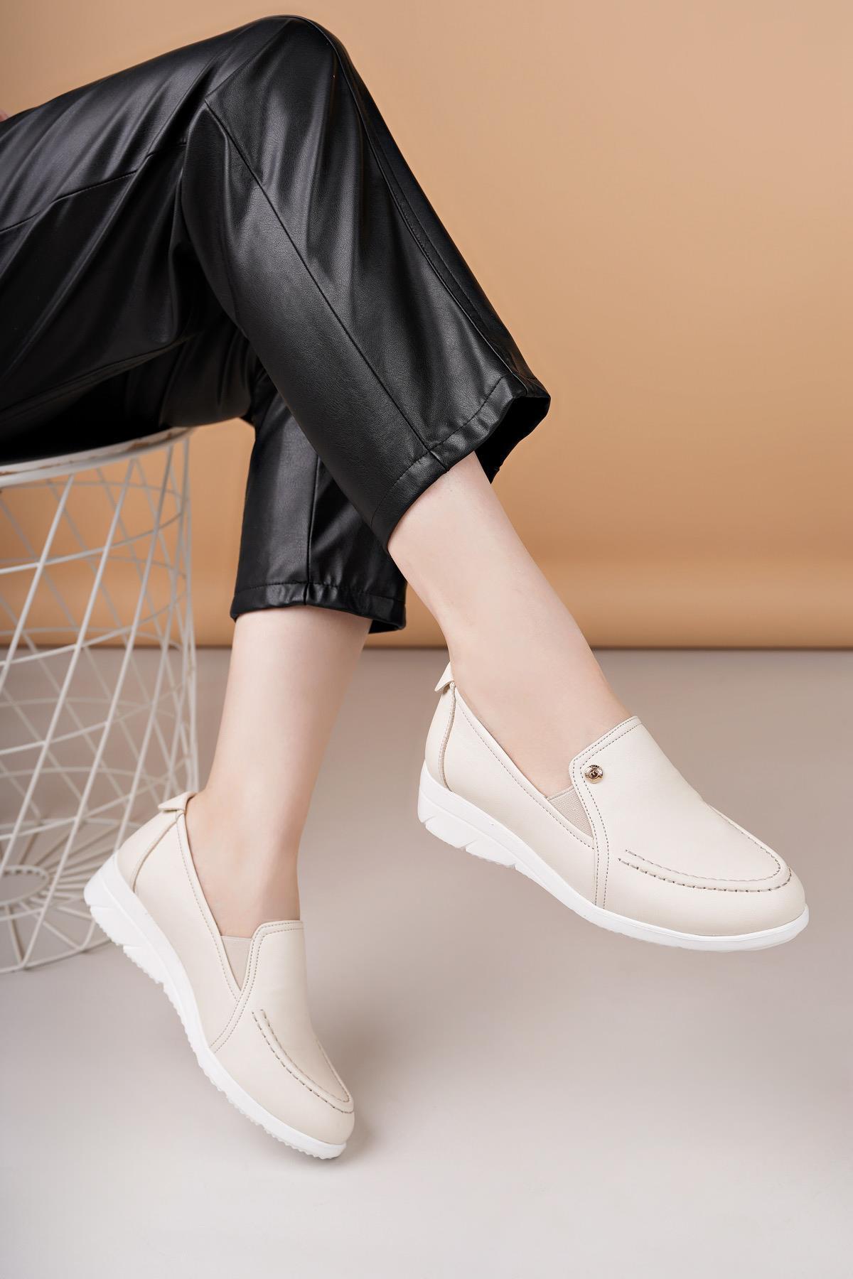 Mammamia D25YA 3235 Krem Hakiki Deri Kadın Ayakkabı