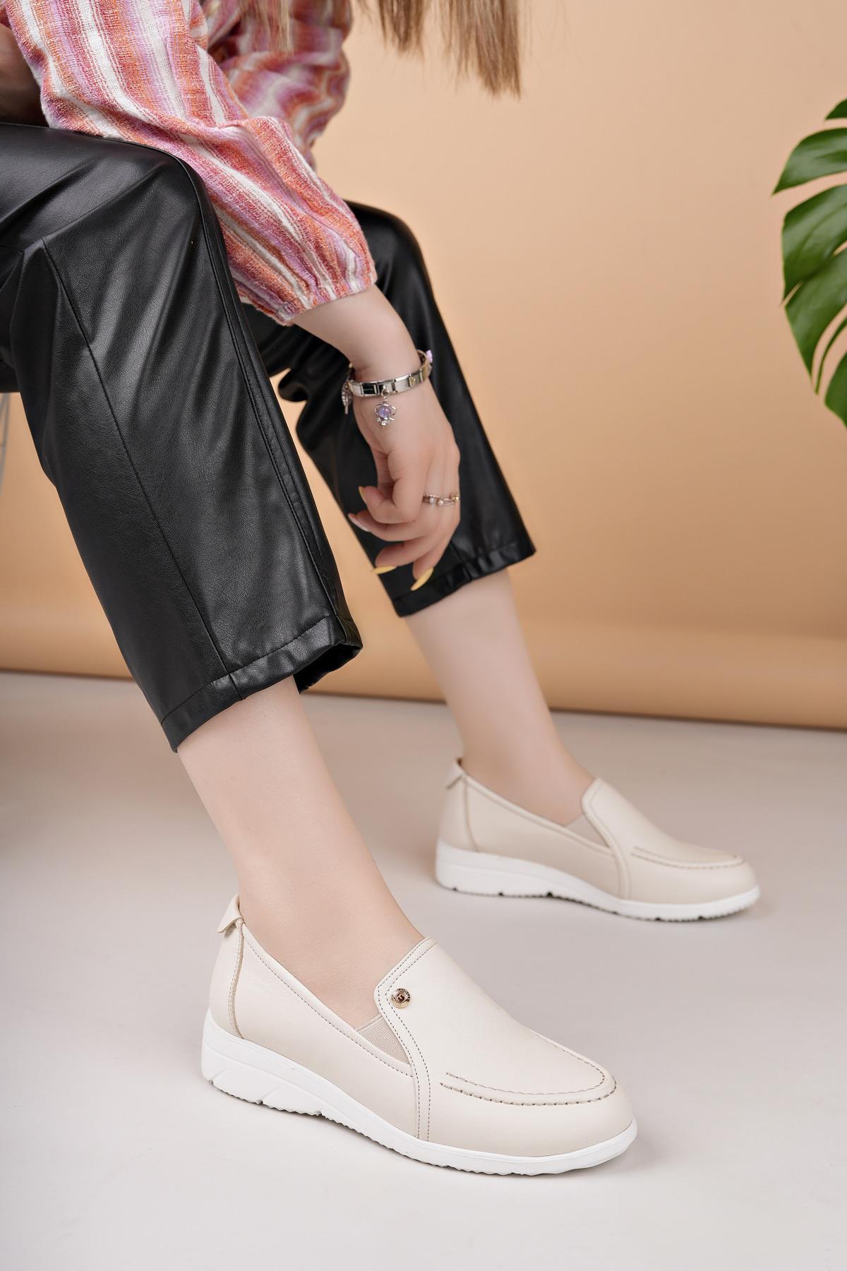 Mammamia D25YA 3235 Krem Hakiki Deri Kadın Ayakkabı