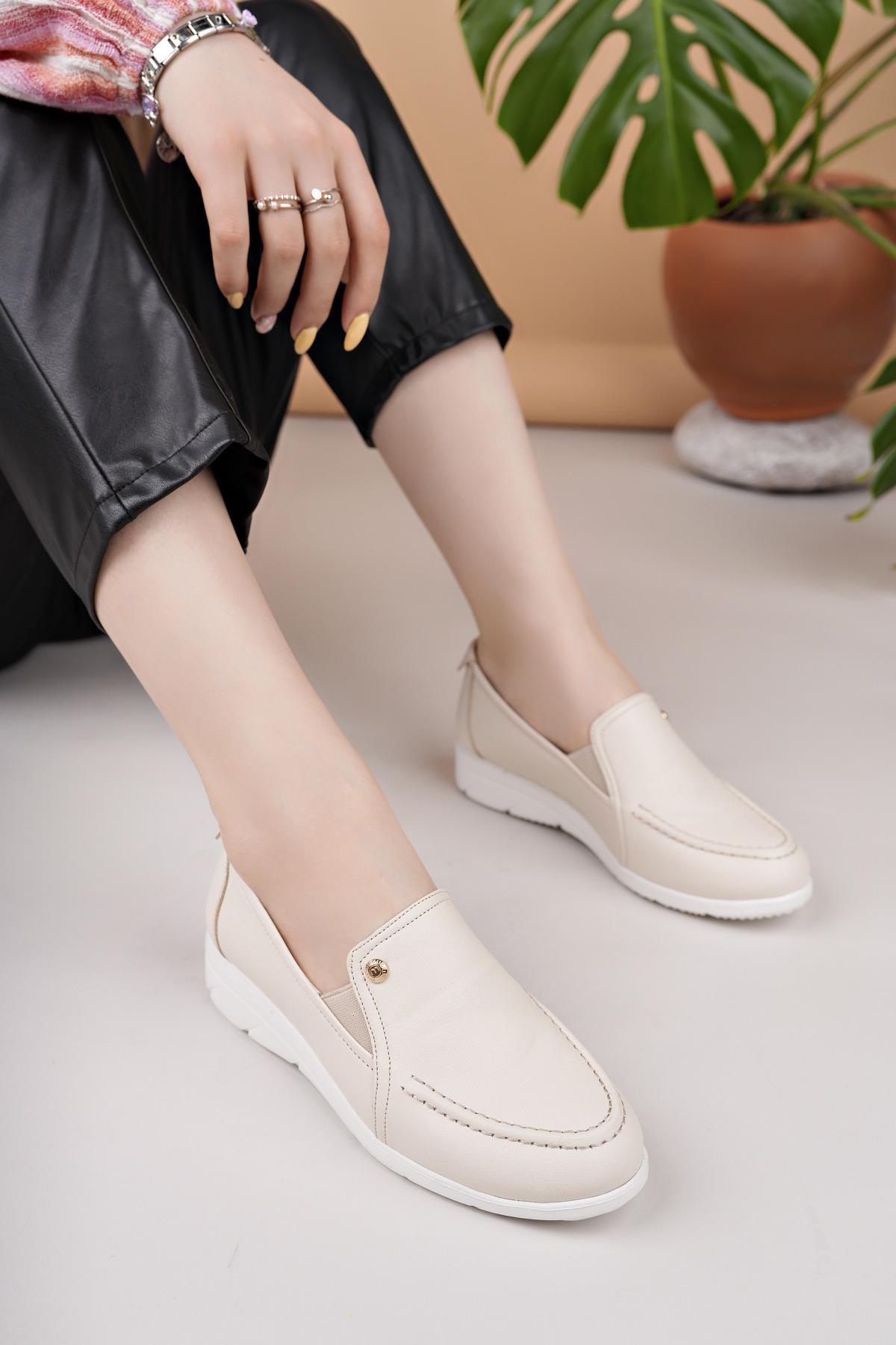 Mammamia D25YA 3235 Krem Hakiki Deri Kadın Ayakkabı