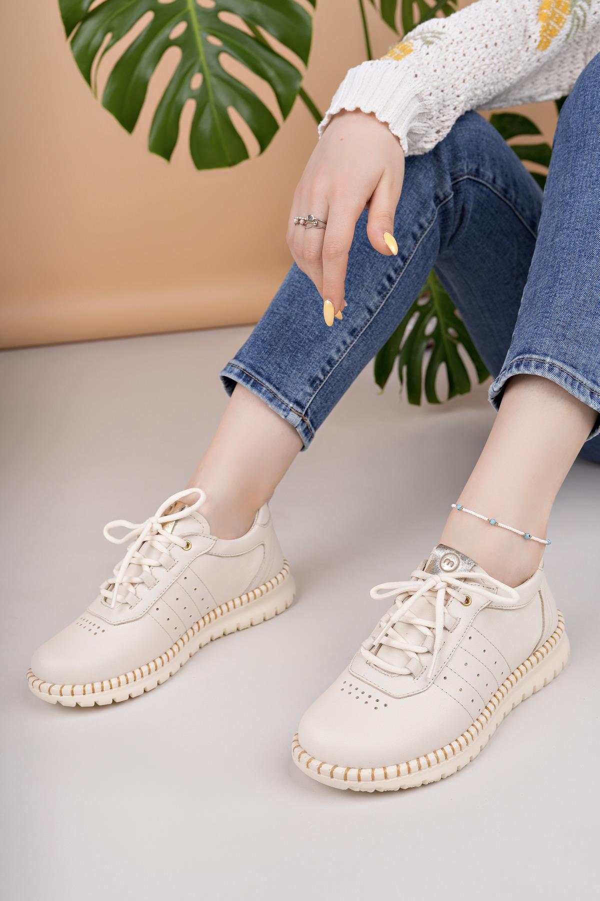 Mammamia D25YA 3275 Krem Hakiki Deri Bağcıklı Kadın Ayakkabı