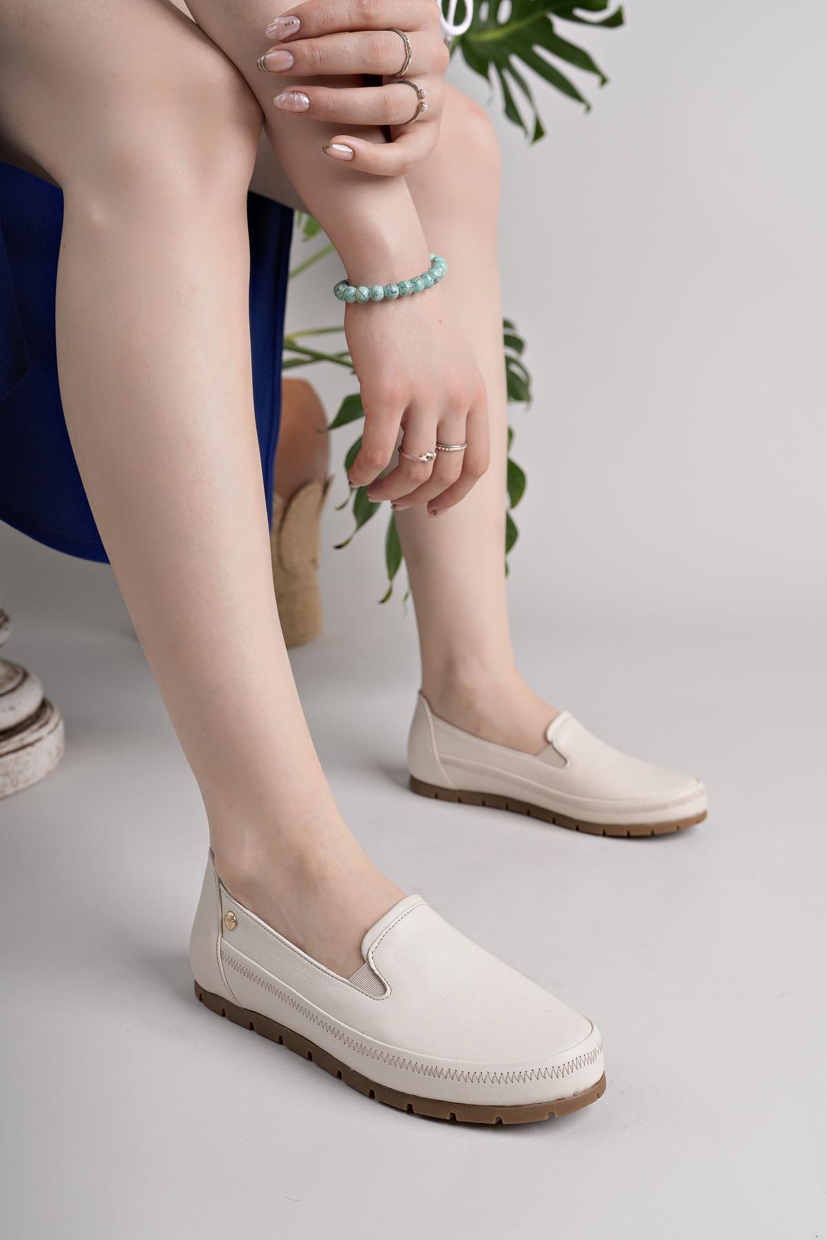 Mammamia D25YA 3595 Krem Hakiki Deri Kadın Ayakkabı