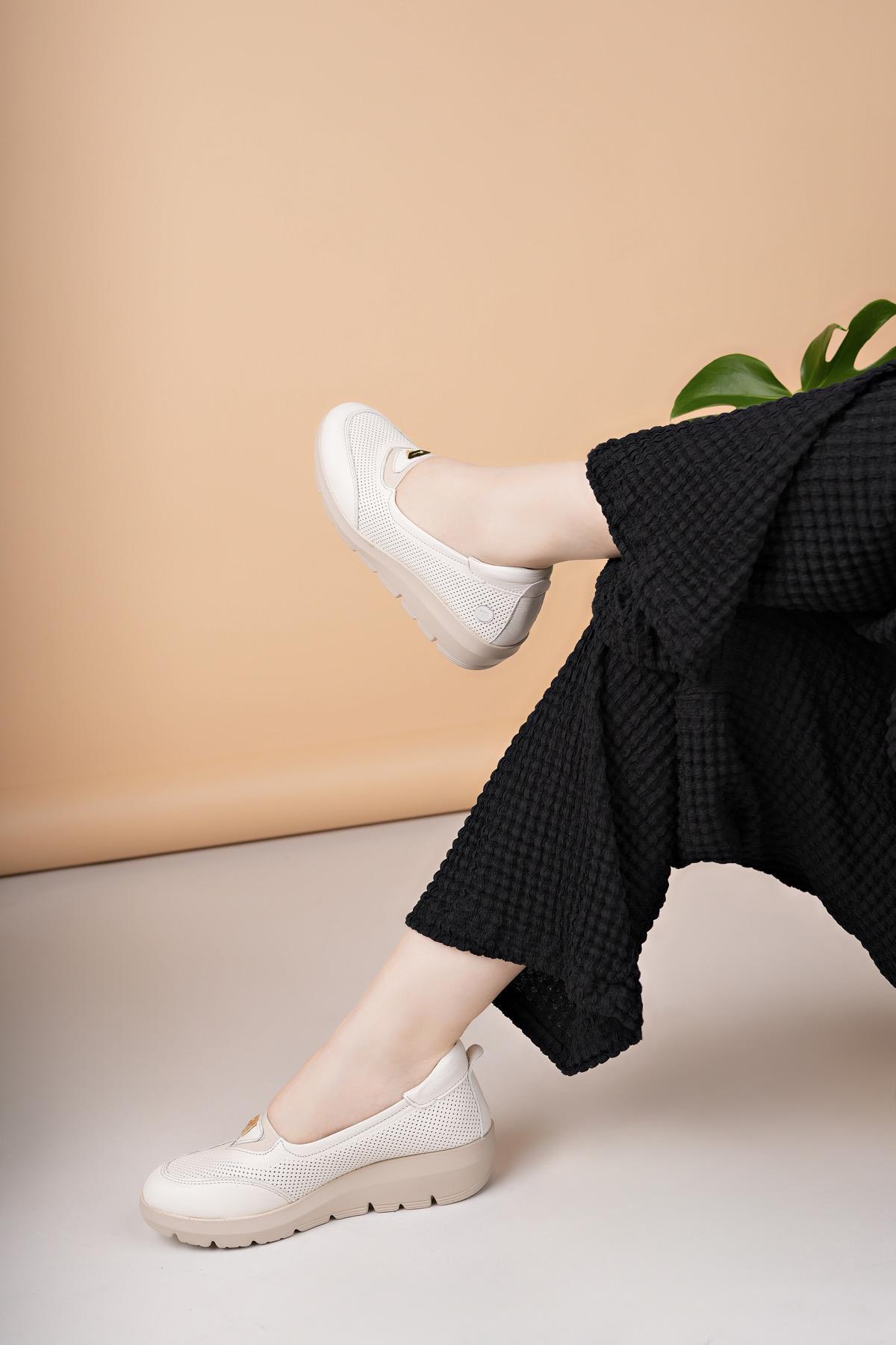 Mammamia D25YA 7450 Krem Hakiki Deri Kadın Ayakkabı