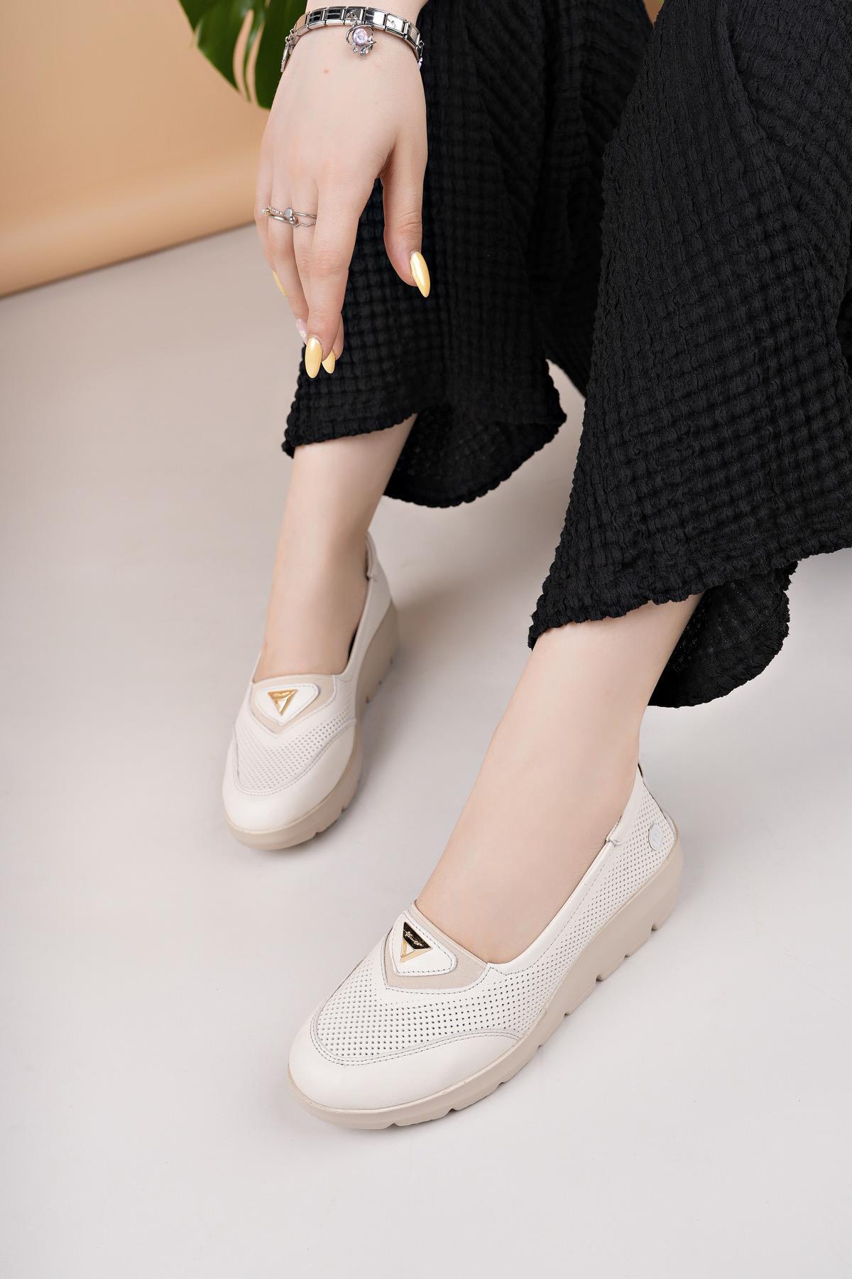 Mammamia D25YA 7450 Krem Hakiki Deri Kadın Ayakkabı