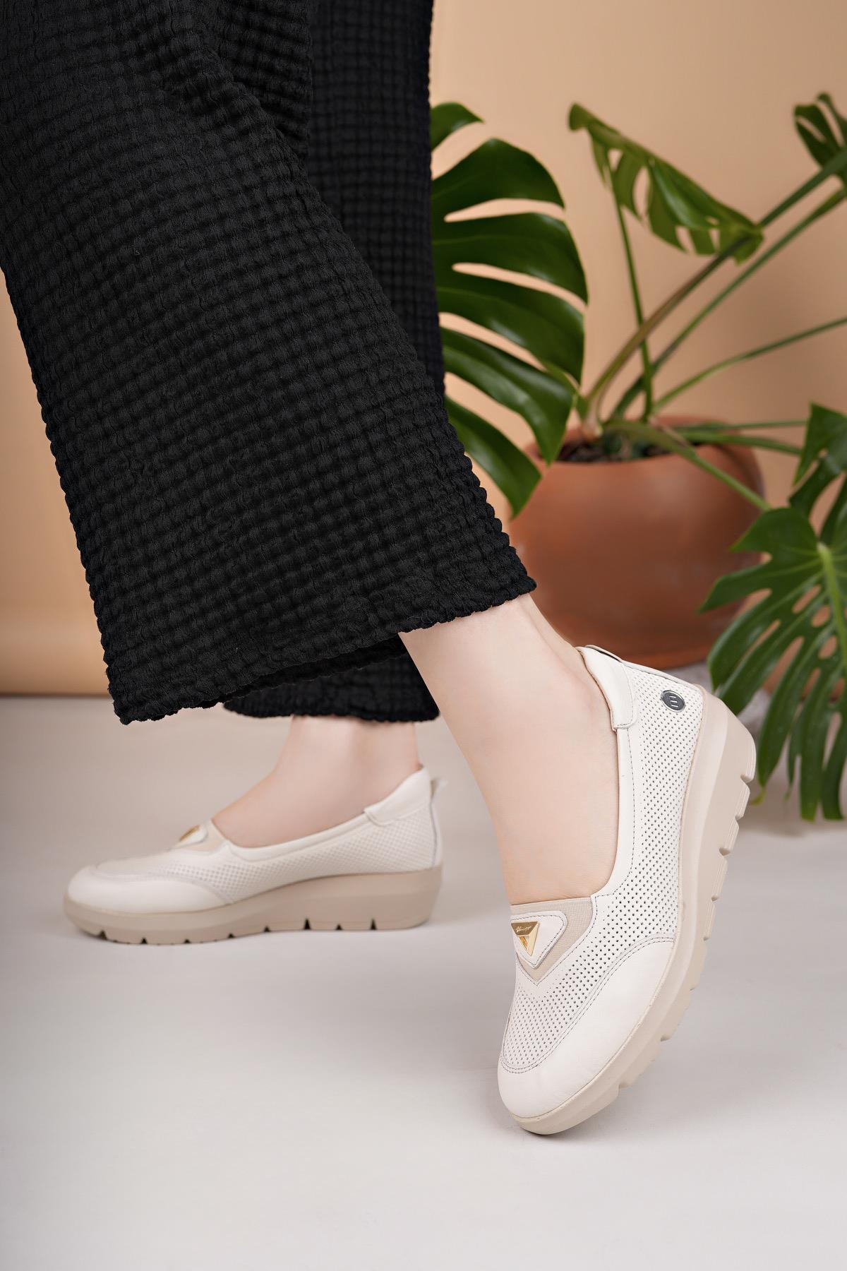 Mammamia D25YA 7450 Krem Hakiki Deri Kadın Ayakkabı