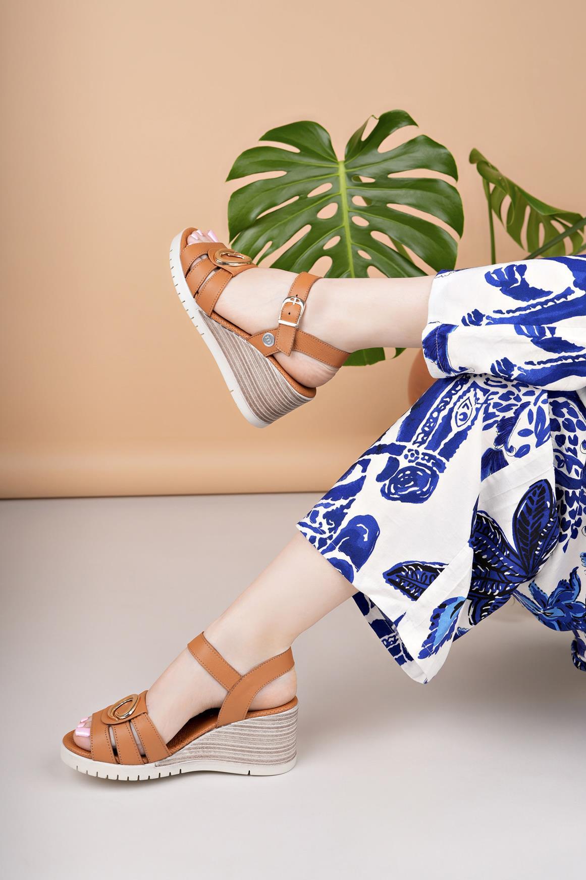 Mammamia D25YS 2775 Taba Hakiki Deri Dolgu Kadın Sandalet