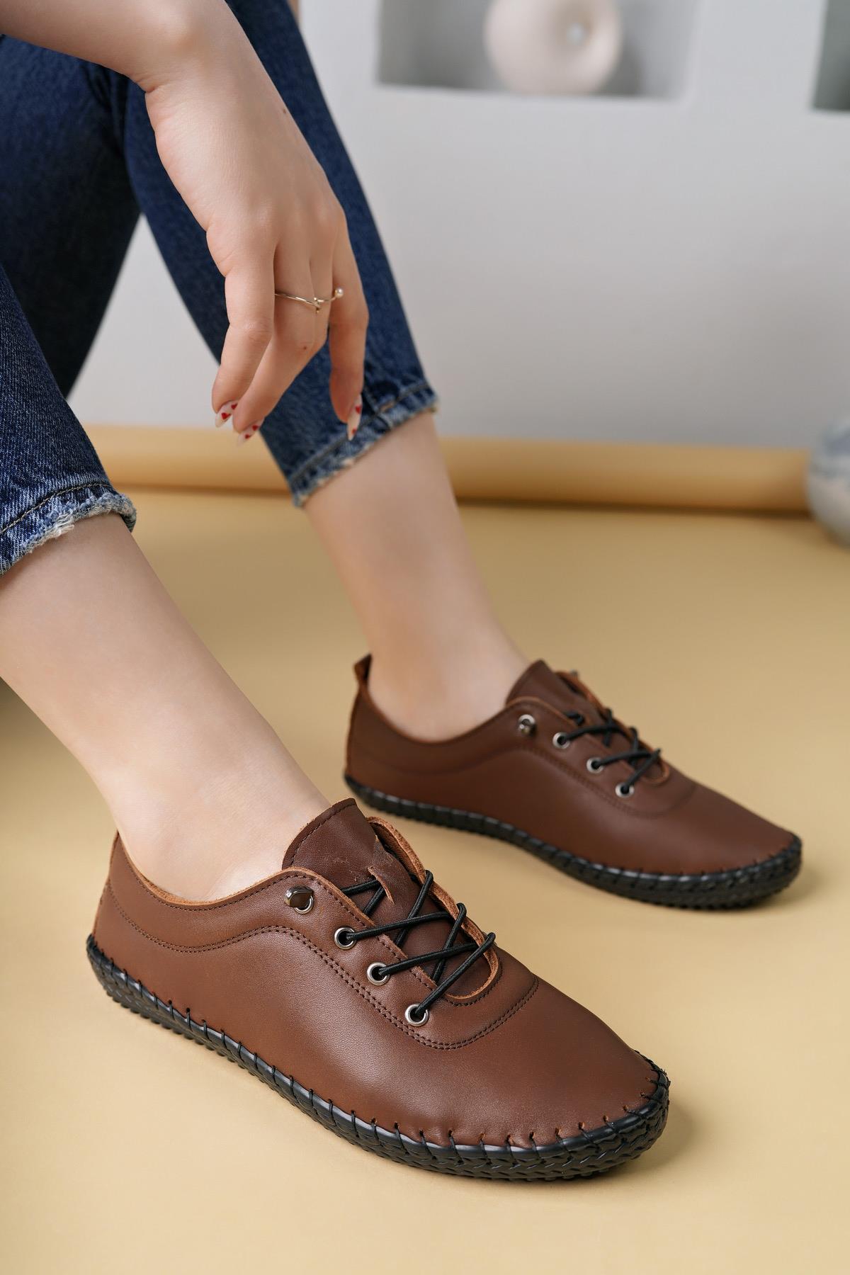 Maria 300 Taba Hakiki Soft Deri Günlük Kadın Ayakkabı