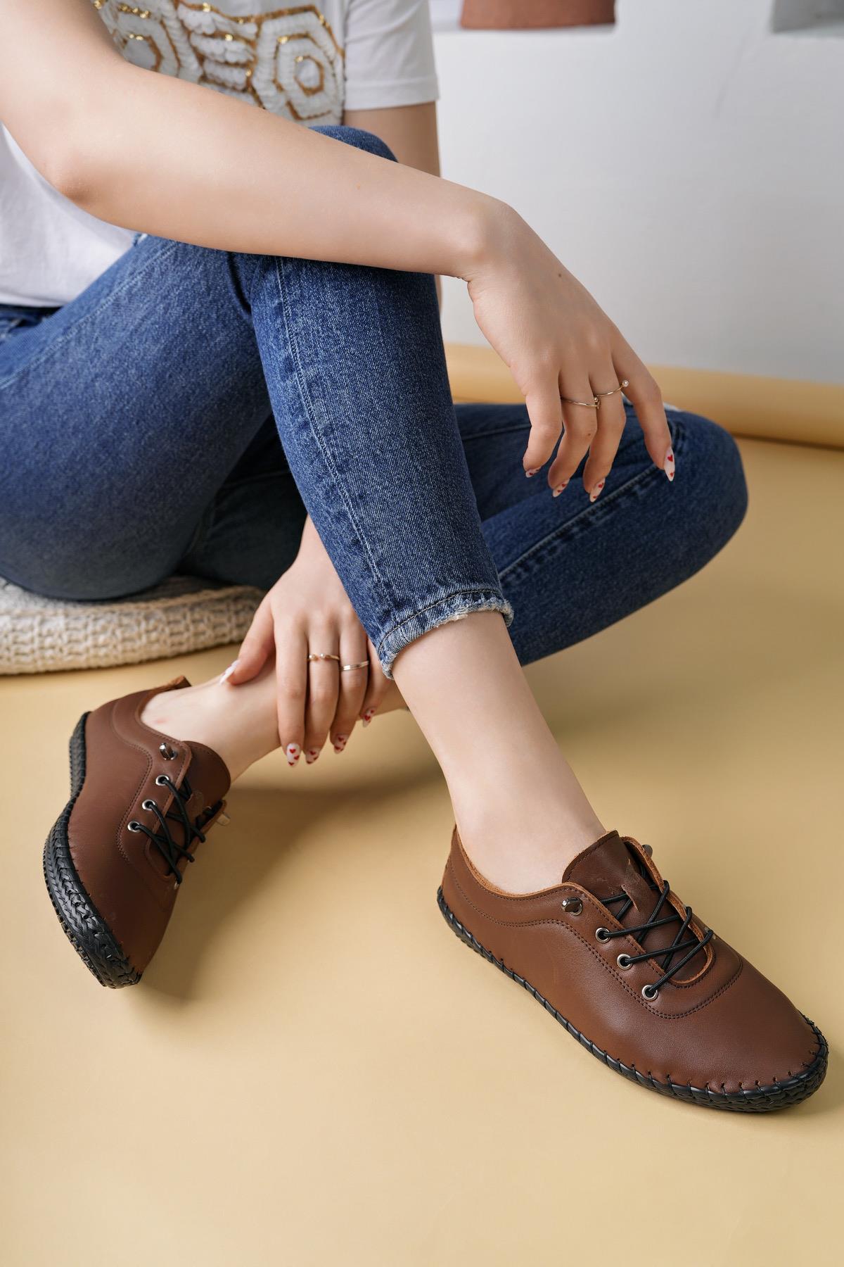 Maria 300 Taba Hakiki Soft Deri Günlük Kadın Ayakkabı