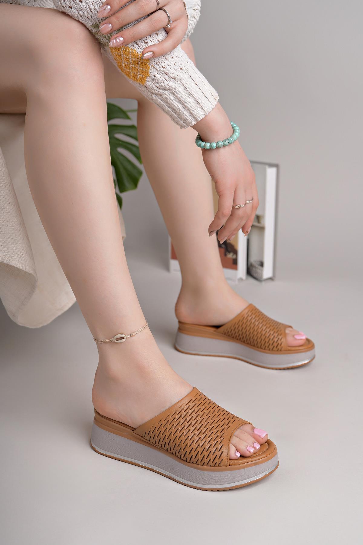 MyShoes 1800 Taba Hakiki Soft Deri Kadın Günlük Terlik