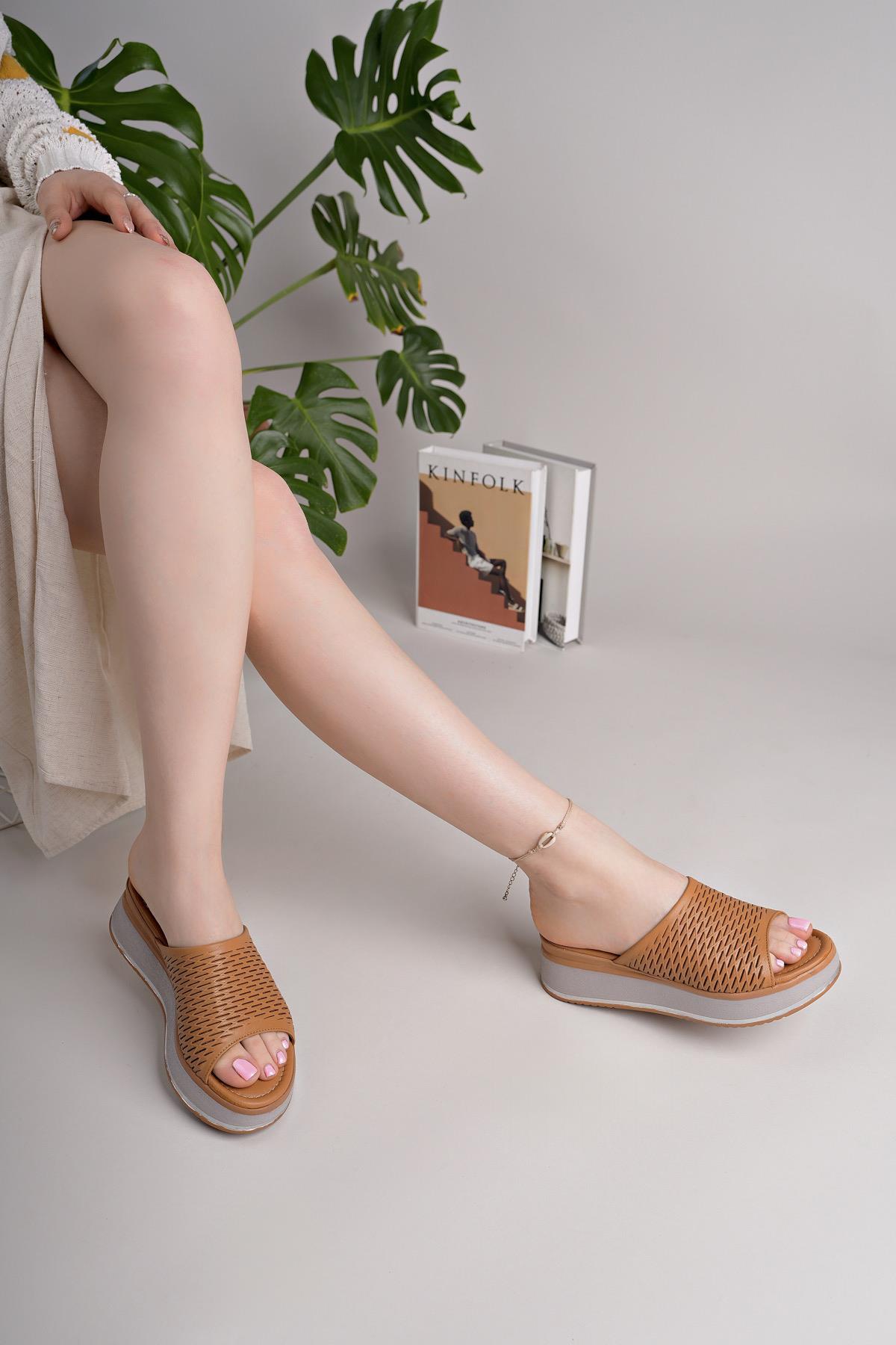 MyShoes 1800 Taba Hakiki Soft Deri Kadın Günlük Terlik