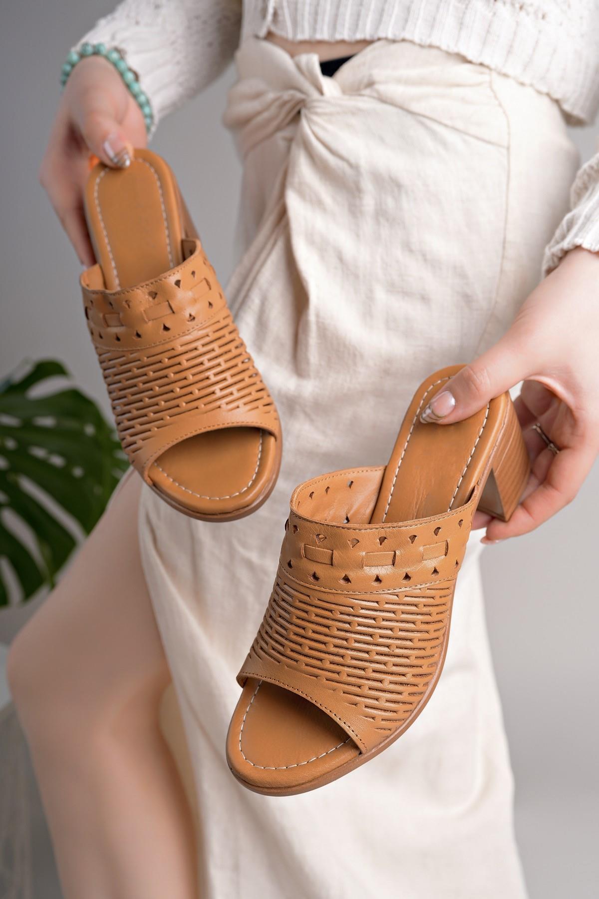 MyShoes 2060 Taba Hakiki Soft Deri Topuklu Kadın Terlik