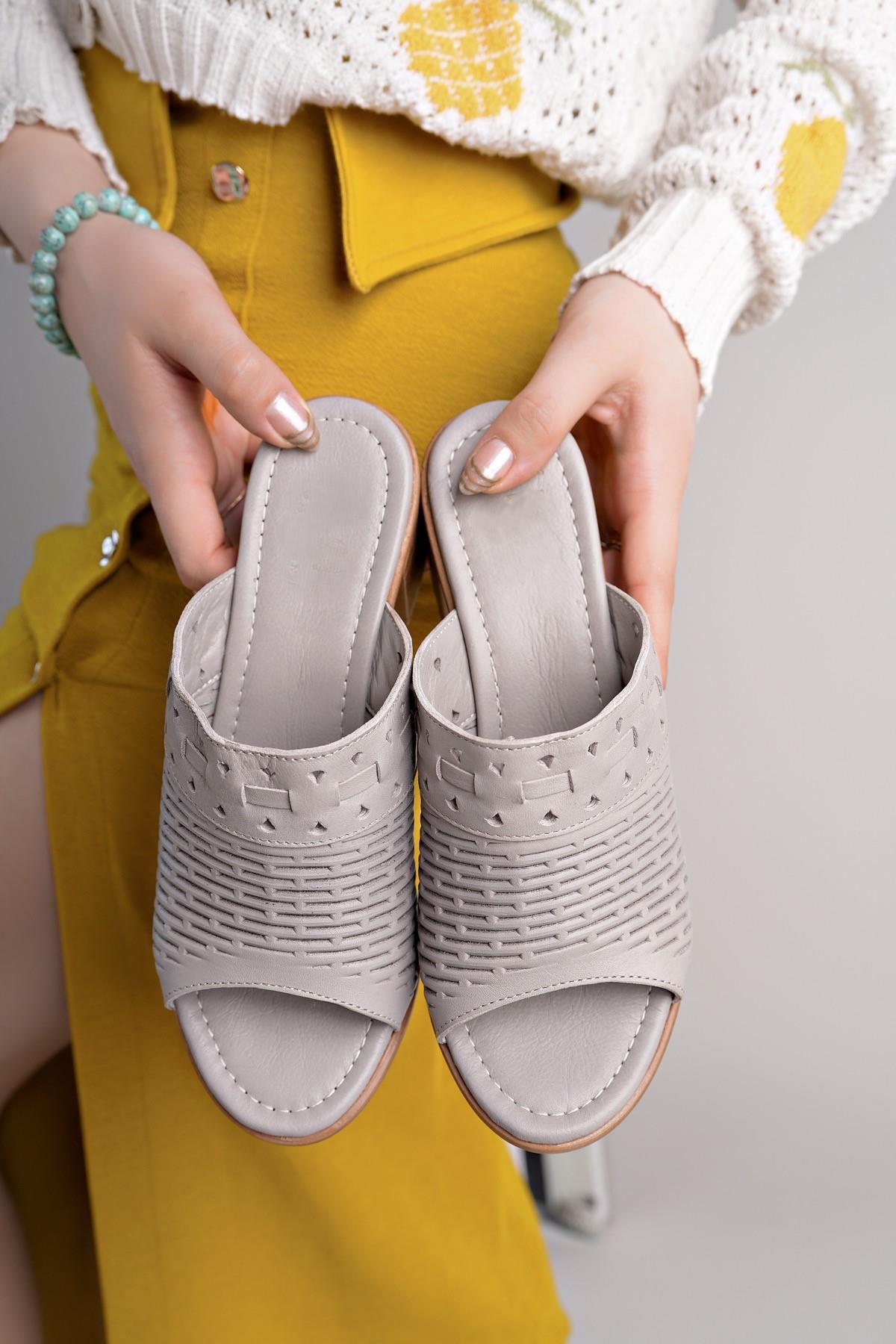 MyShoes 2060 Taş Hakiki Soft Deri Topuklu Kadın Terlik