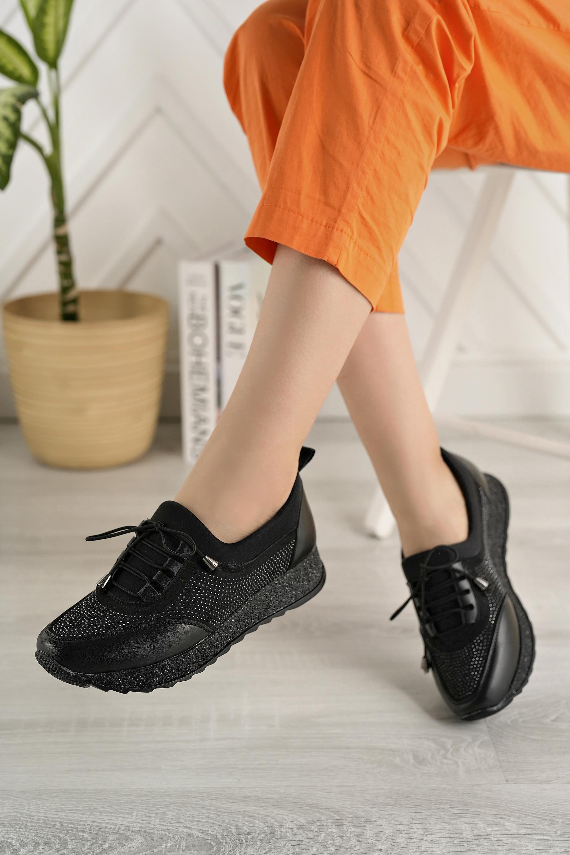 Nesil Shoes Acr 15 Siyah Taşlı Strech Kadın Ayakkabı