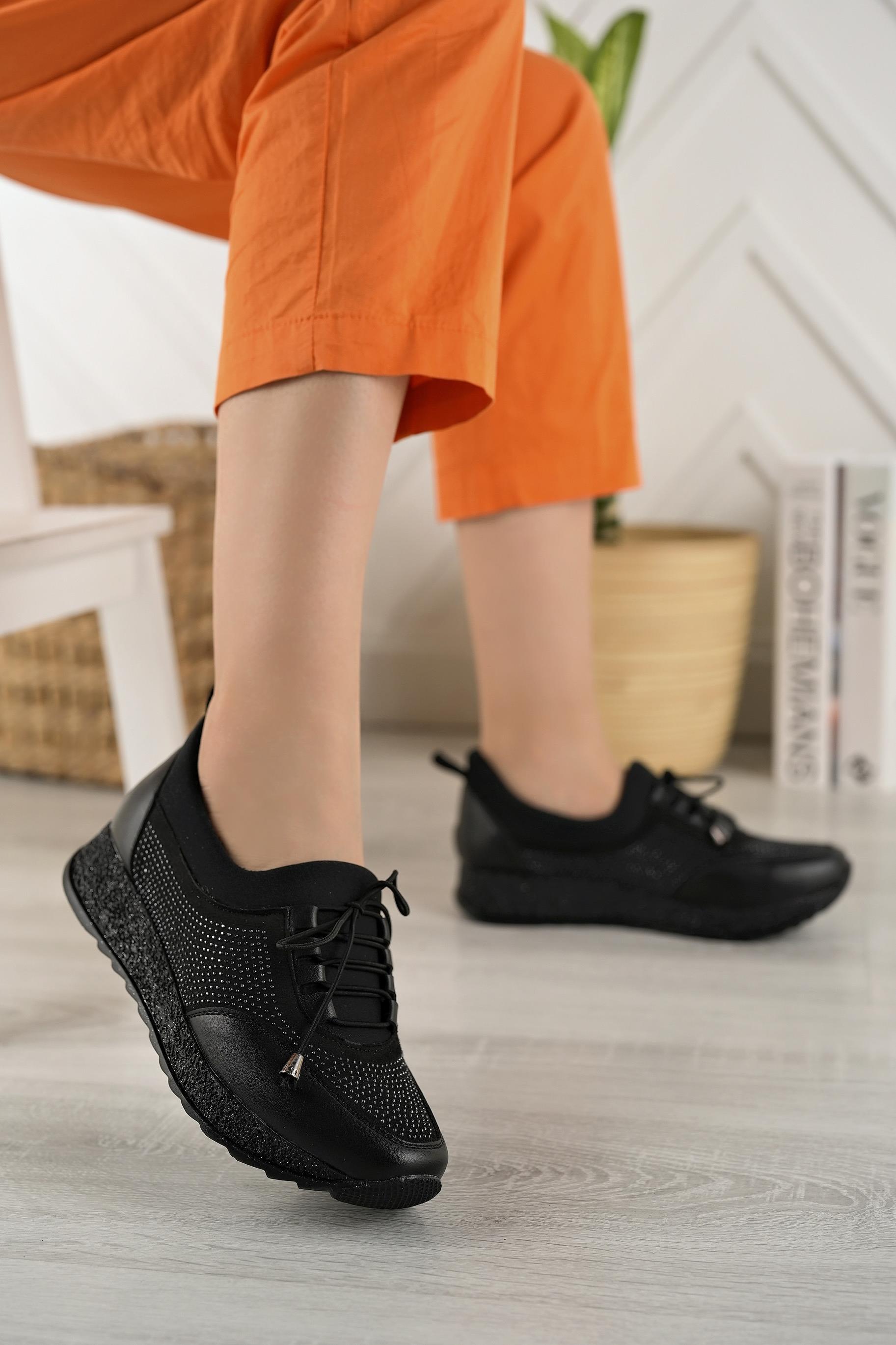 Nesil Shoes Acr 15 Siyah Taşlı Strech Kadın Ayakkabı