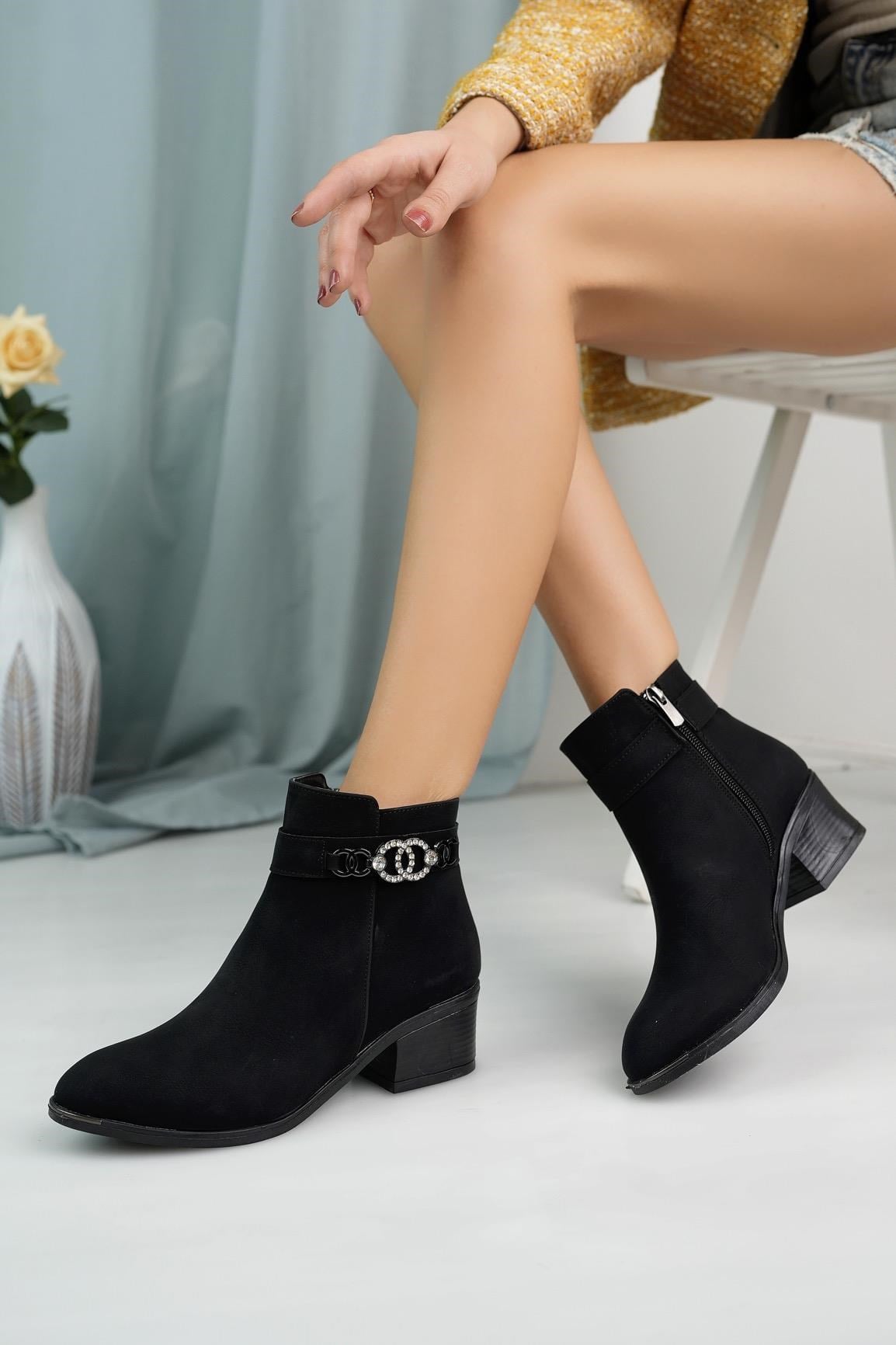 Nesil Shoes Bln 5780 Siyah Zümrüt Taşlı Kadın Bot