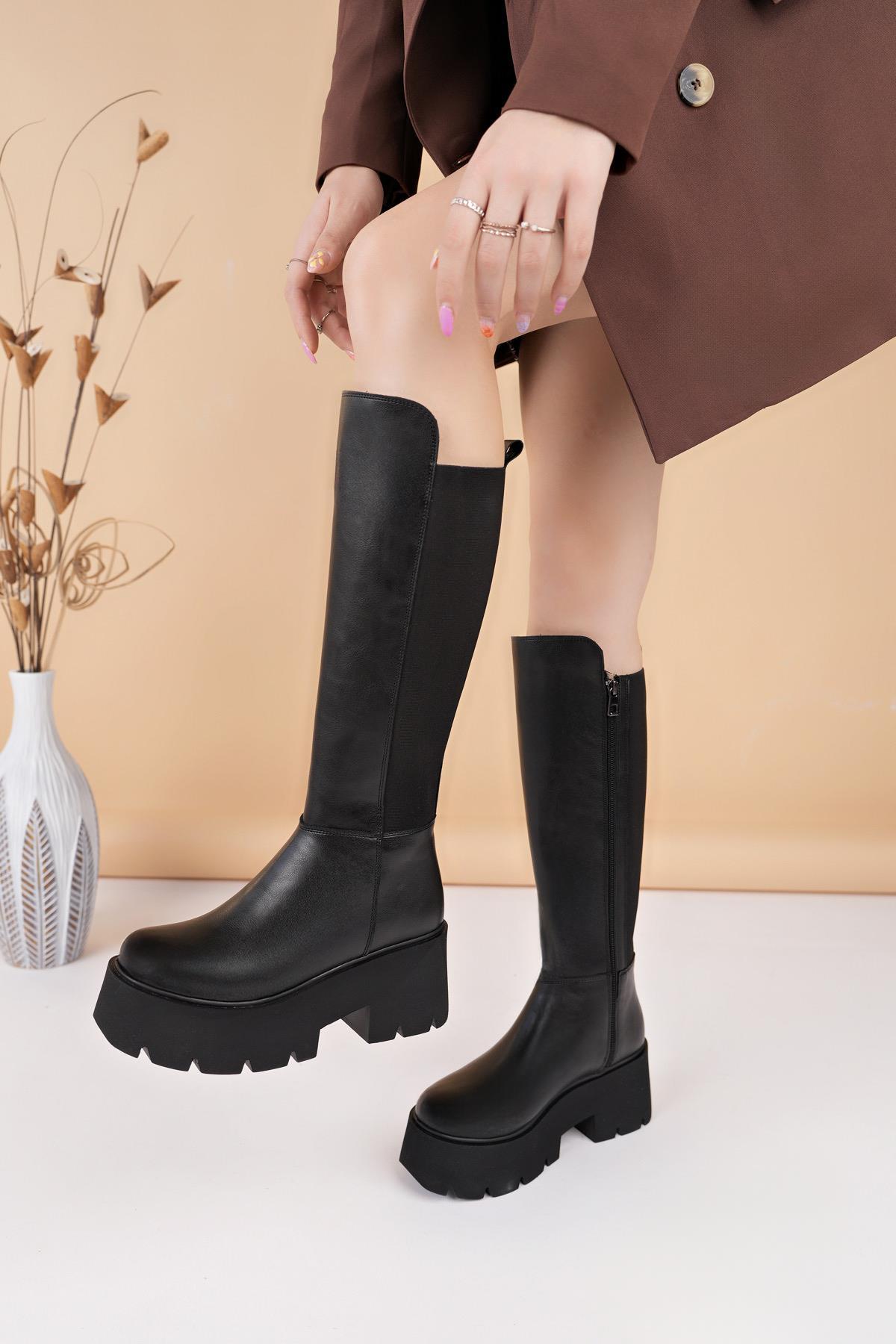 Nesil Shoes Carel 607 Siyah Strech Platform Kadın Çizme