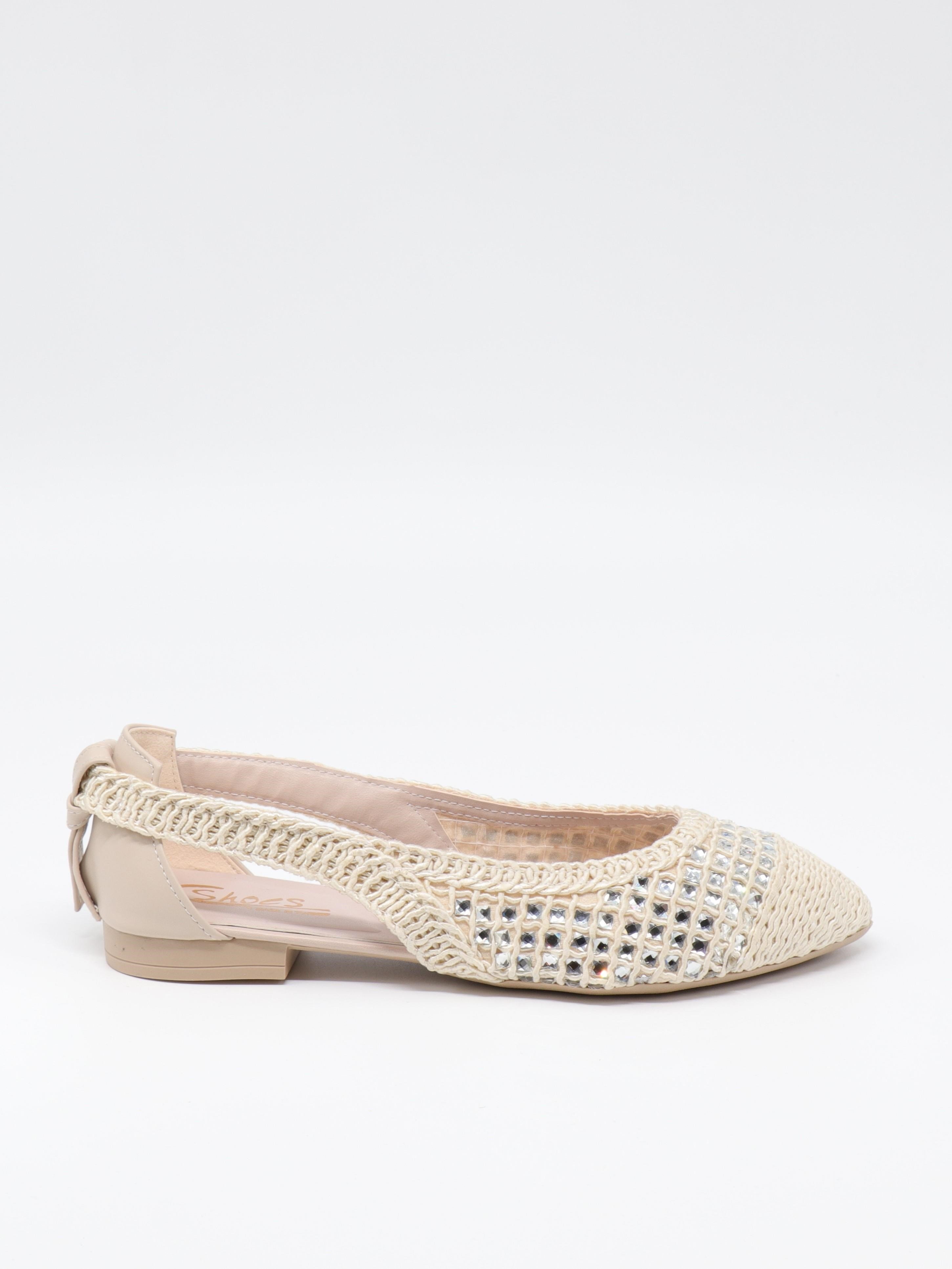 Nesil Shoes Ceylan 230 Krem Taşlı Hasır Kadın Babet